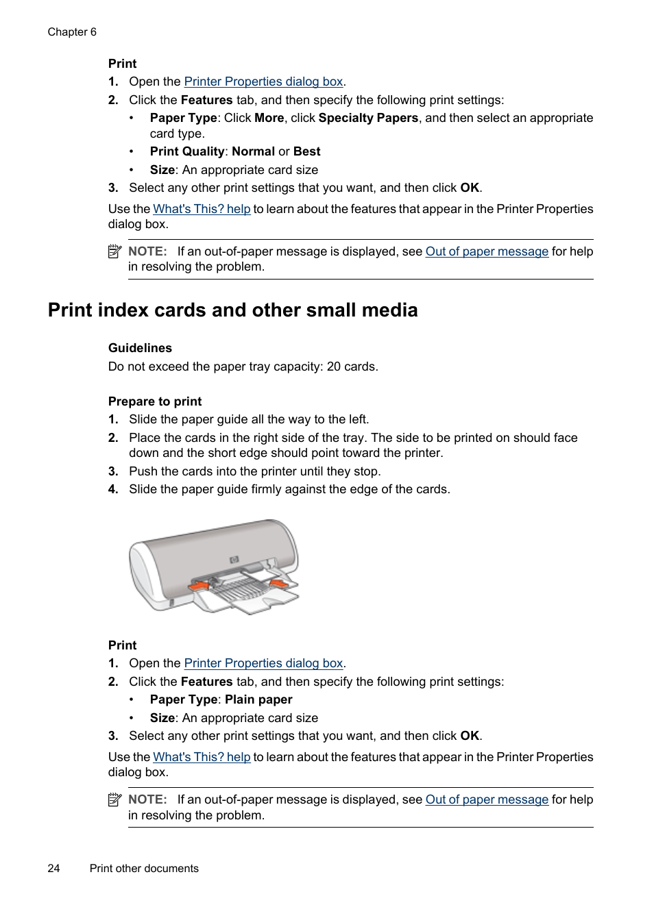 Print index cards and other small media, Index cards | HP Deskjet D1420 Printer User Manual | Page 26 / 88