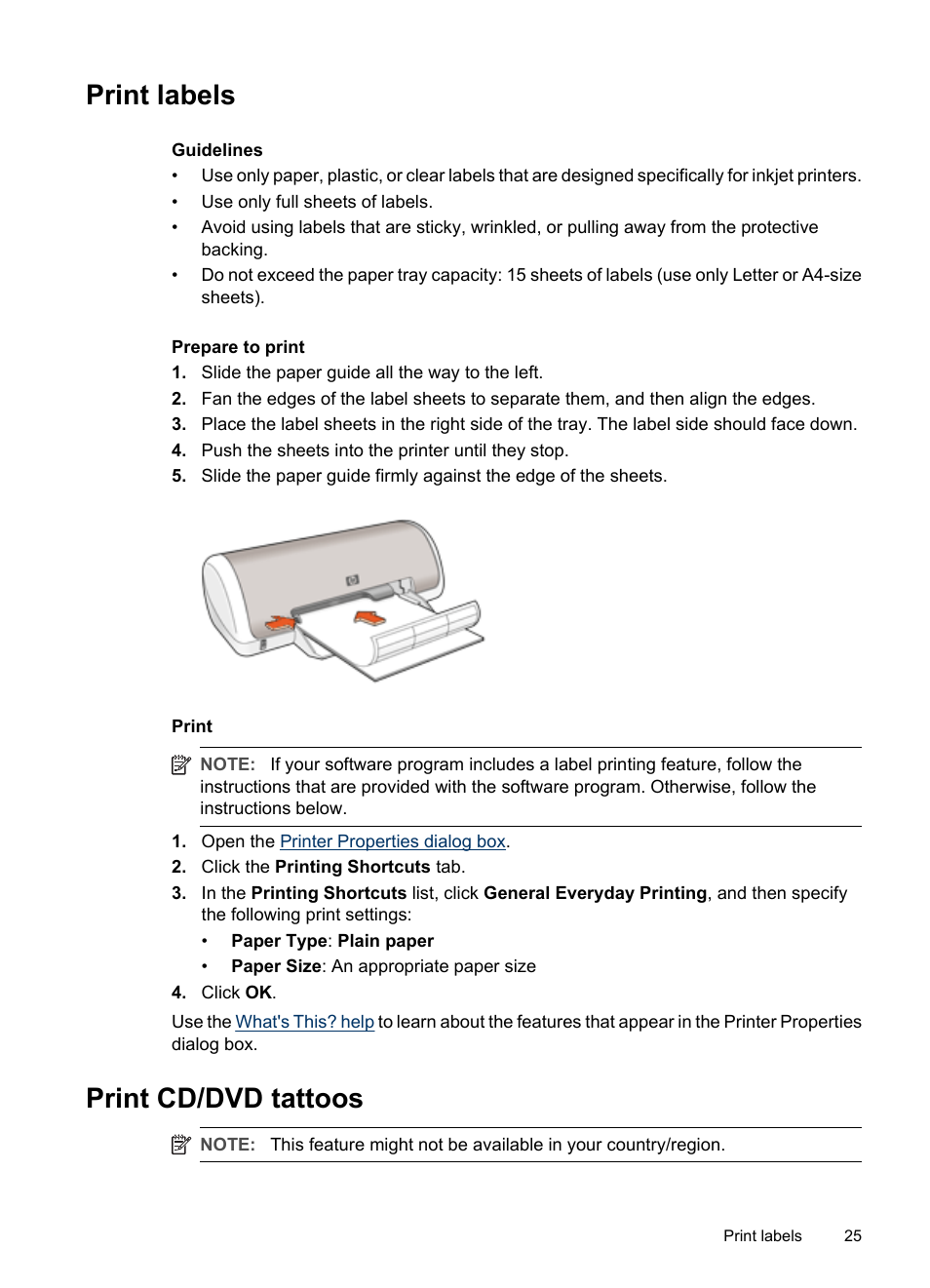 Print labels, Print cd/dvd tattoos, Print labels print cd/dvd tattoos | Labels, Cd/dvd tattoos | HP Deskjet D1420 Printer User Manual | Page 27 / 88