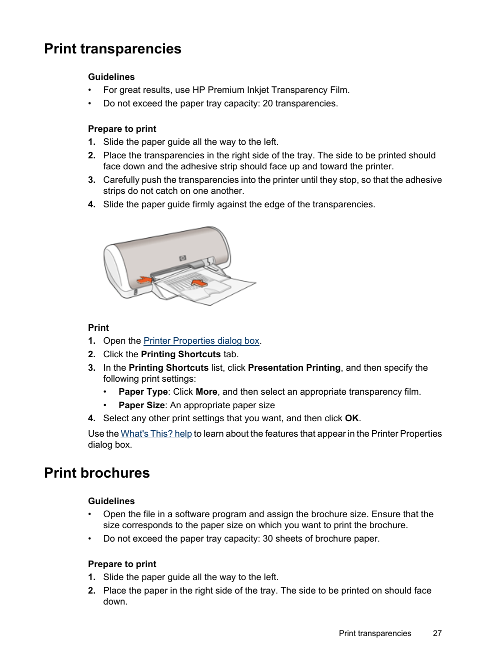 Print transparencies, Print brochures, Print transparencies print brochures | Transparencies, Brochures | HP Deskjet D1420 Printer User Manual | Page 29 / 88