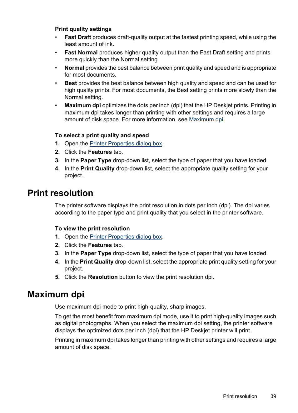 Print resolution, Maximum dpi, Print resolution maximum dpi | HP Deskjet D1420 Printer User Manual | Page 41 / 88