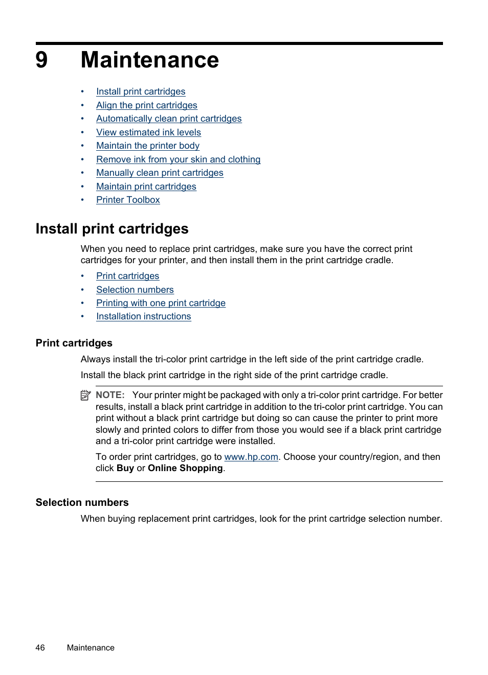 Maintenance, Install print cartridges, Print cartridges | Selection numbers, 9 maintenance, 9maintenance | HP Deskjet D1420 Printer User Manual | Page 48 / 88