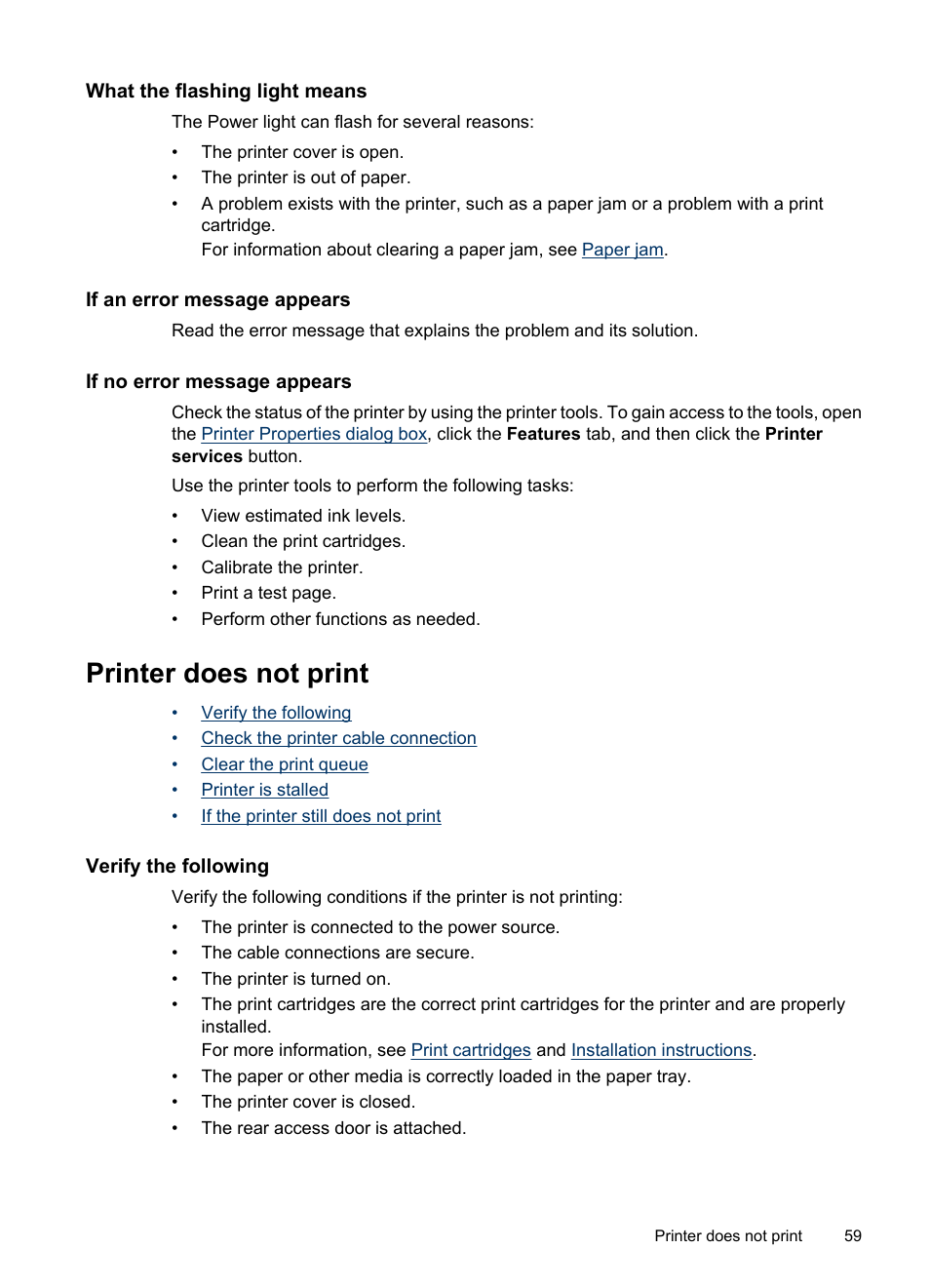 What the flashing light means, If an error message appears, If no error message appears | Printer does not print, Verify the following | HP Deskjet D1420 Printer User Manual | Page 61 / 88