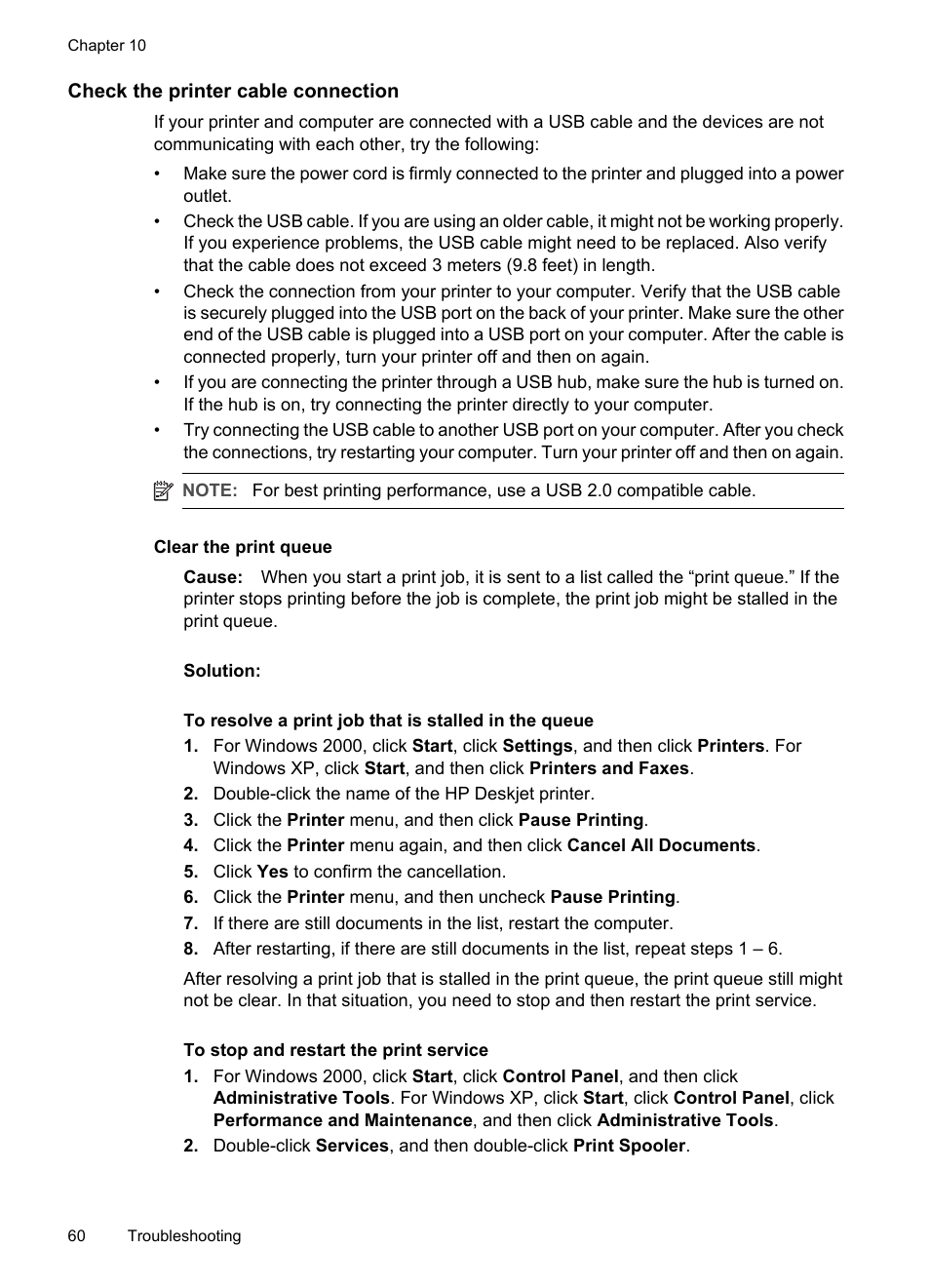 Check the printer cable connection, Clear the print queue | HP Deskjet D1420 Printer User Manual | Page 62 / 88