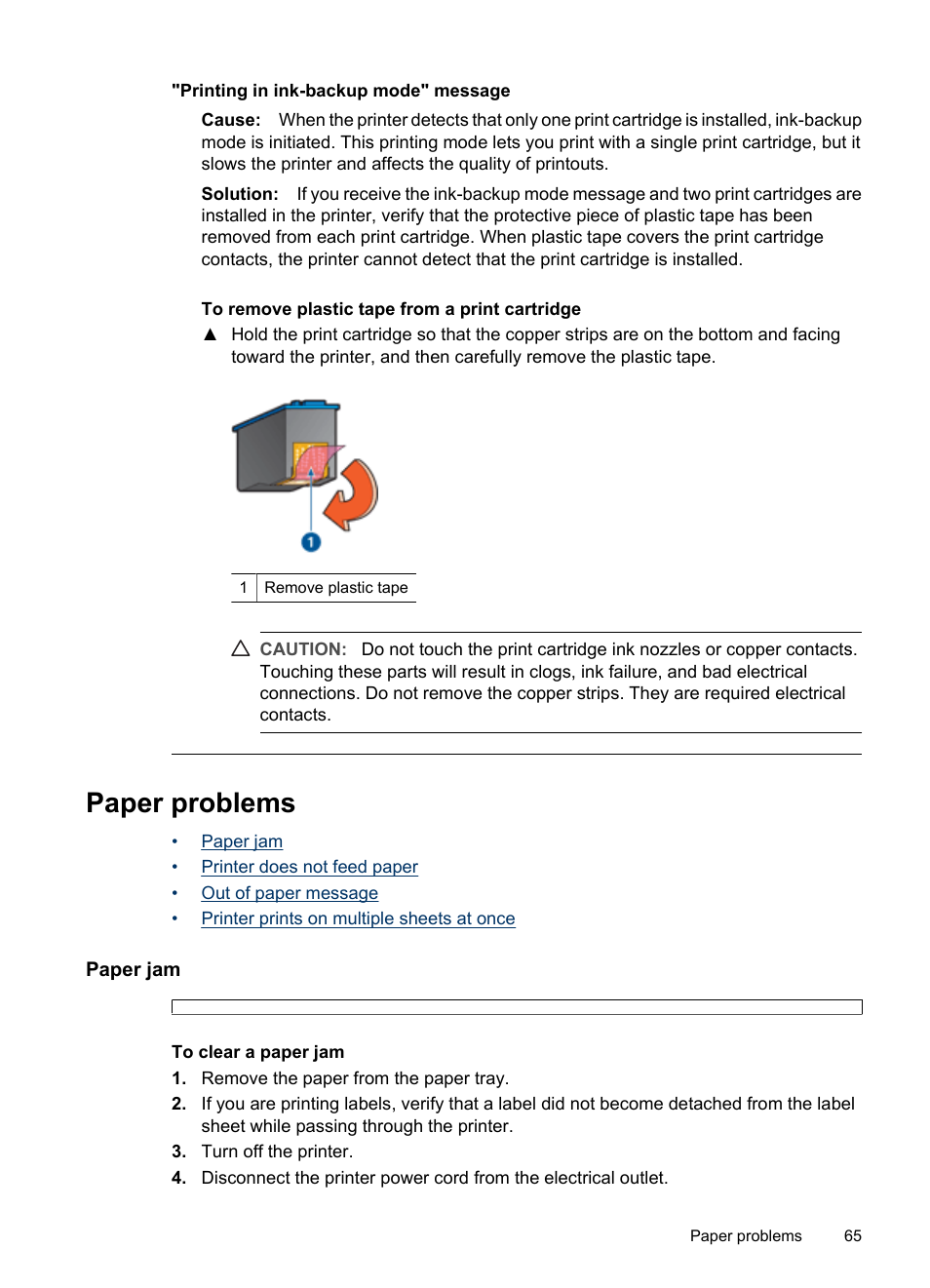 Paper problems, Paper jam, Printing in ink-backup mode" message | HP Deskjet D1420 Printer User Manual | Page 67 / 88