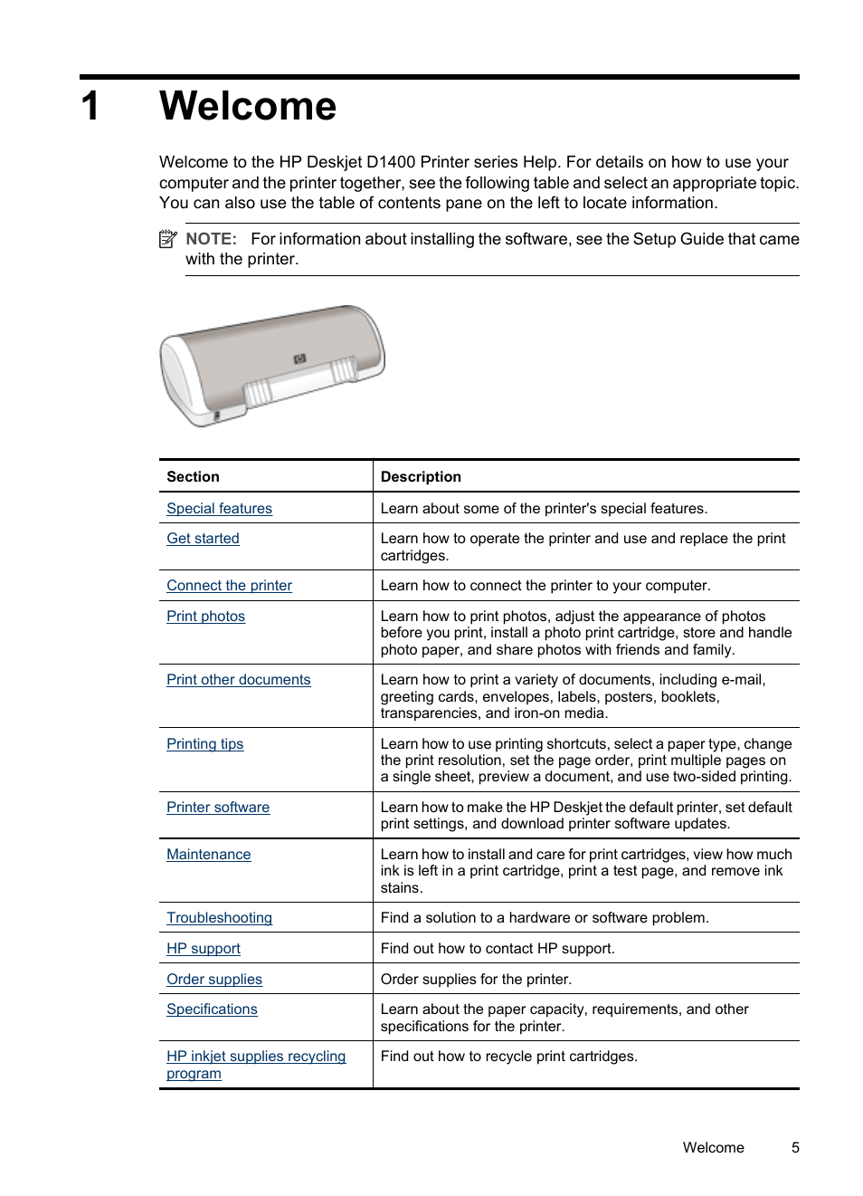 Welcome, 1 welcome, 1welcome | HP Deskjet D1420 Printer User Manual | Page 7 / 88