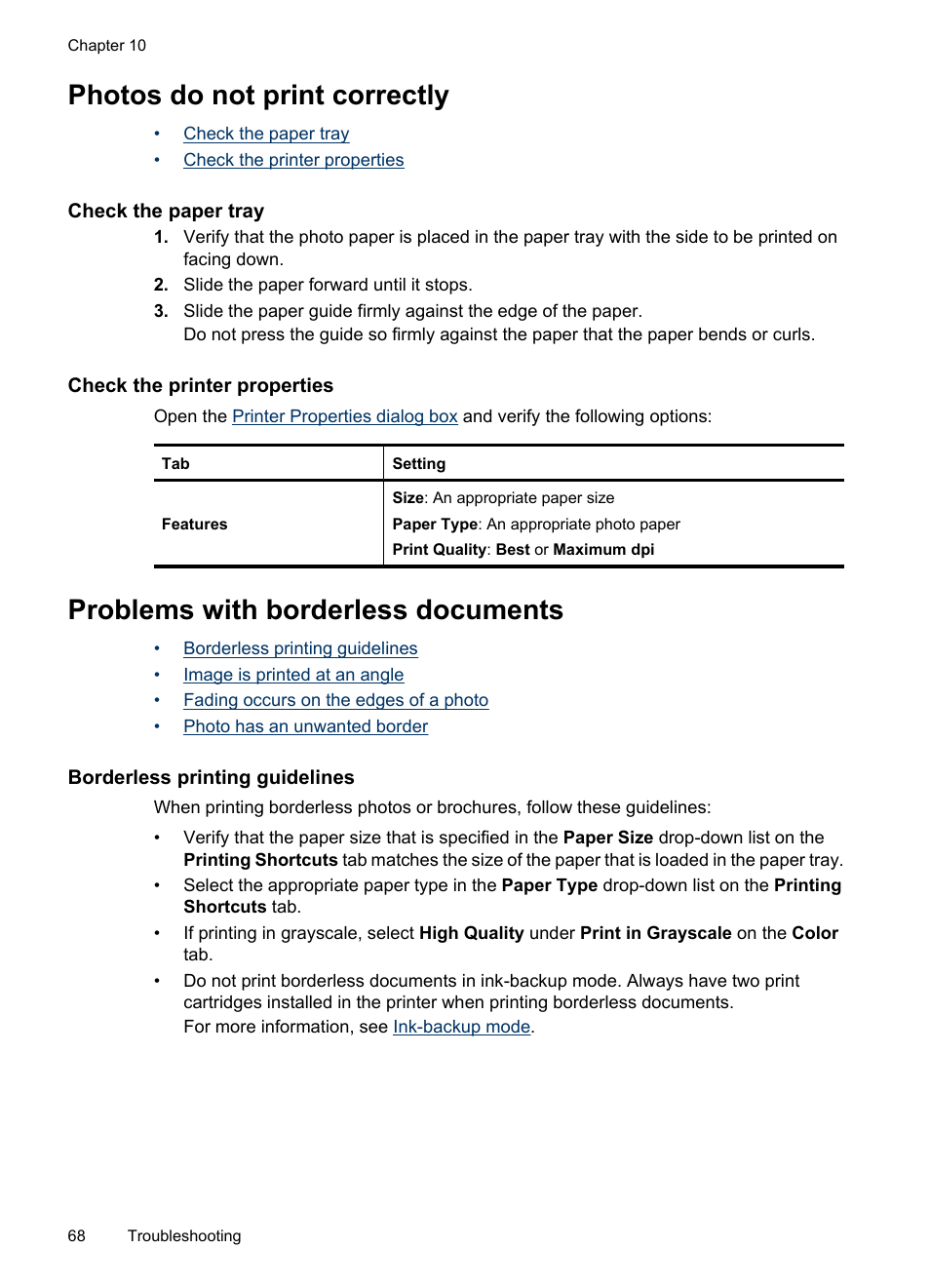 Photos do not print correctly, Check the paper tray, Check the printer properties | Problems with borderless documents, Borderless printing guidelines, Check the paper tray check the printer properties | HP Deskjet D1420 Printer User Manual | Page 70 / 88