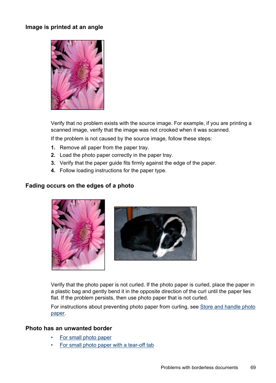 Image is printed at an angle, Fading occurs on the edges of a photo, Photo has an unwanted border | HP Deskjet D1420 Printer User Manual | Page 71 / 88