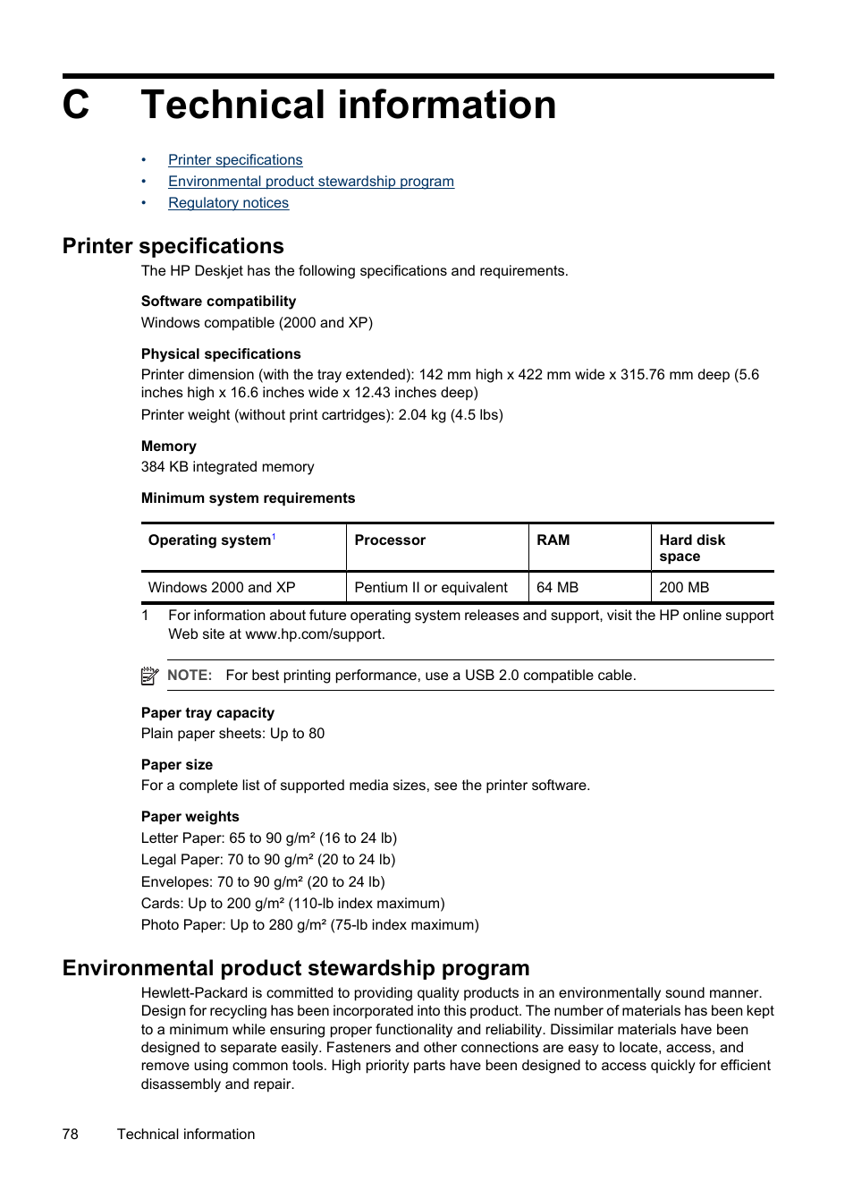 Technical information, Printer specifications, Environmental product stewardship program | C technical information, Specifications, Printer, Paper weight, Ctechnical information | HP Deskjet D1420 Printer User Manual | Page 80 / 88