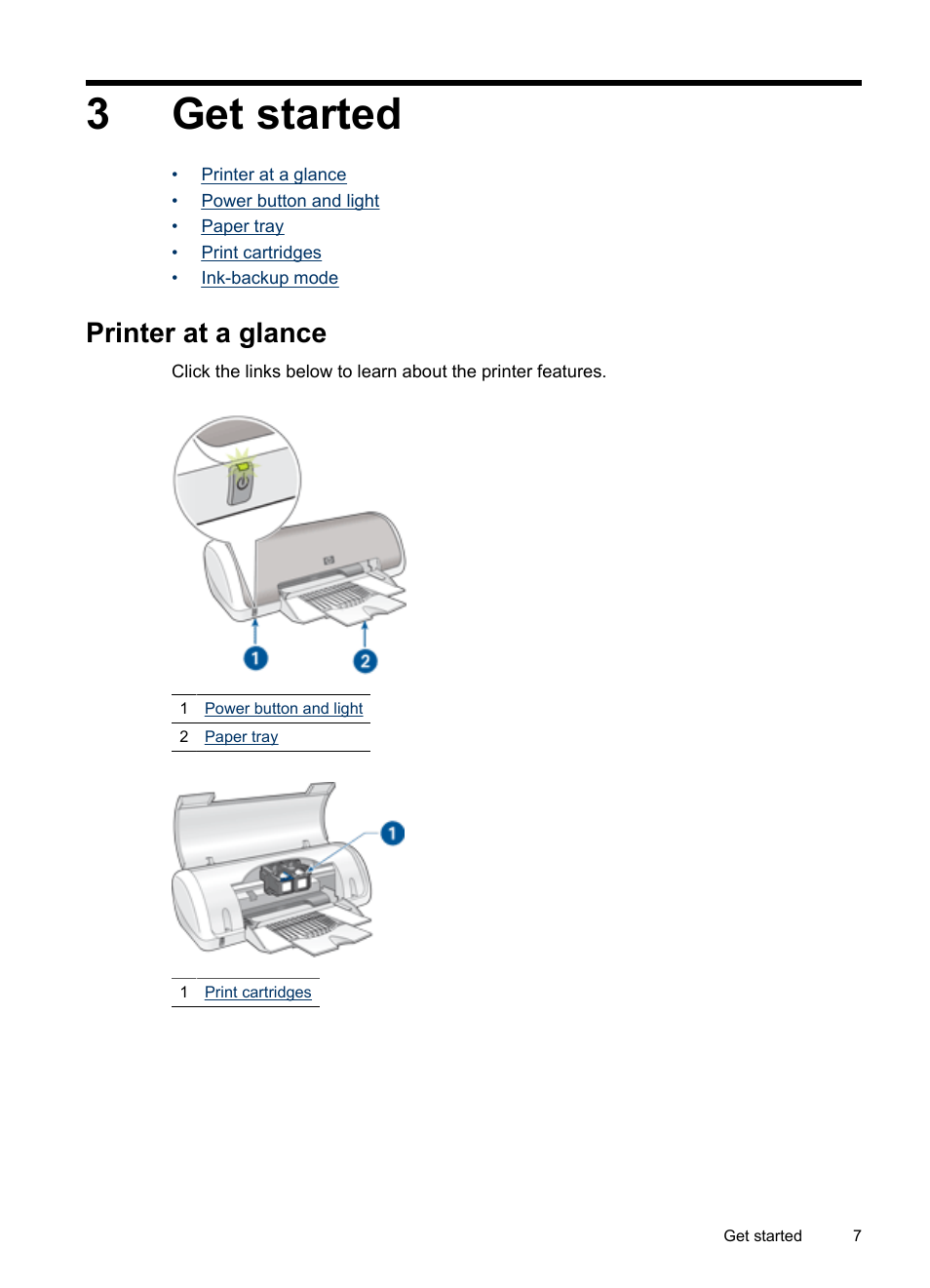 Get started, Printer at a glance, 3 get started | 3get started | HP Deskjet D1420 Printer User Manual | Page 9 / 88