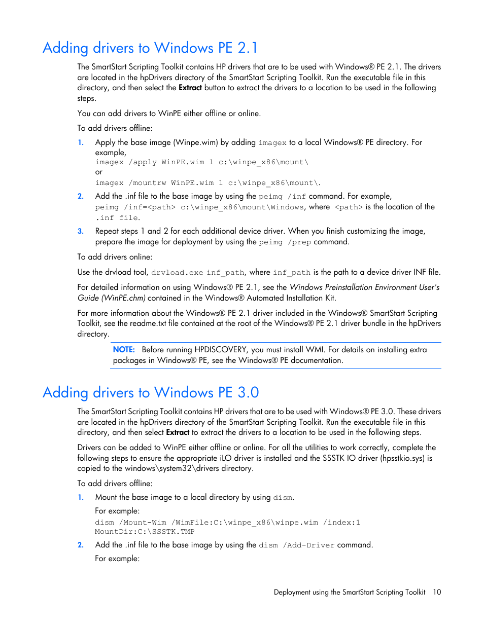 Adding drivers to windows pe 2.1, Adding drivers to windows pe 3.0 | HP Linux Server Management Software User Manual | Page 10 / 72