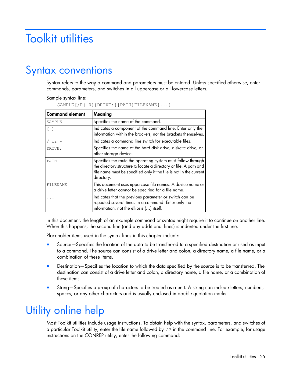 Toolkit utilities, Syntax conventions, Utility online help | HP Linux Server Management Software User Manual | Page 25 / 72