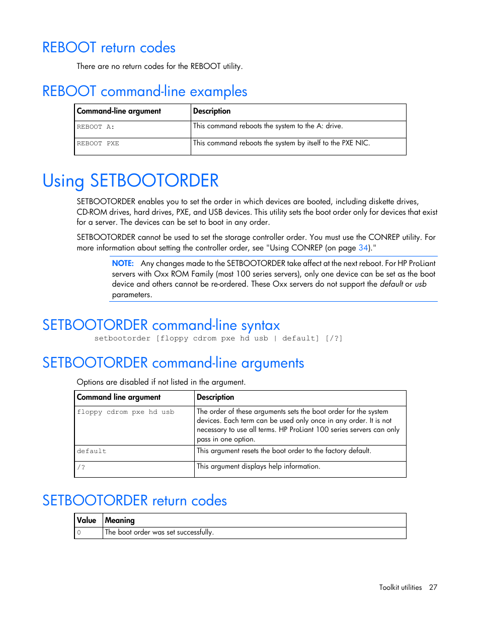 Reboot return codes, Reboot command-line examples, Using setbootorder | Setbootorder command-line syntax, Setbootorder command-line arguments, Setbootorder return codes | HP Linux Server Management Software User Manual | Page 27 / 72