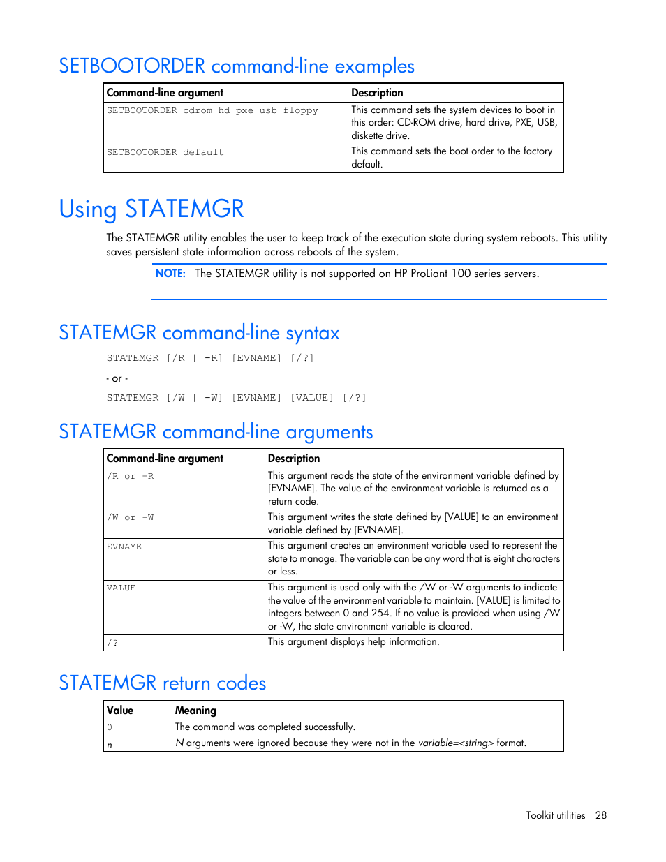 Setbootorder command-line examples, Using statemgr, Statemgr command-line syntax | Statemgr command-line arguments, Statemgr return codes | HP Linux Server Management Software User Manual | Page 28 / 72