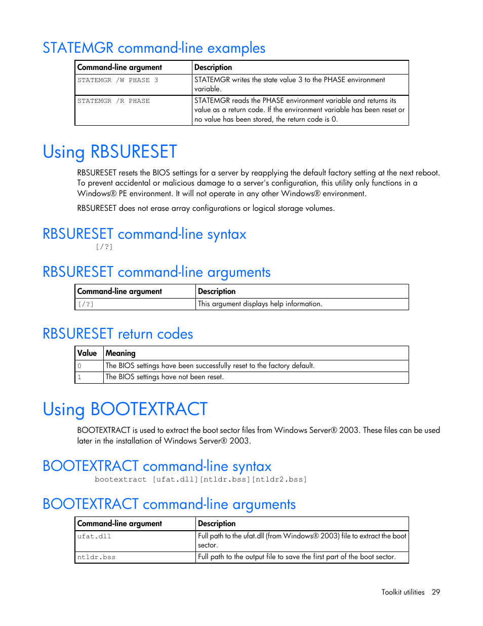 Statemgr command-line examples, Using rbsureset, Rbsureset command-line syntax | Rbsureset command-line arguments, Rbsureset return codes, Using bootextract, Bootextract command-line syntax, Bootextract command-line arguments | HP Linux Server Management Software User Manual | Page 29 / 72