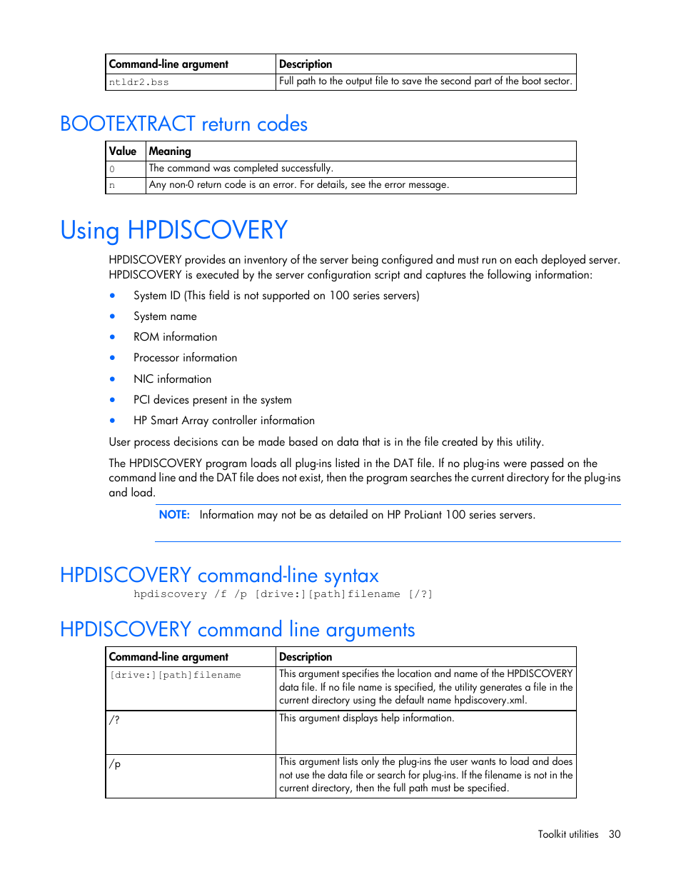 Bootextract return codes, Using hpdiscovery, Hpdiscovery command-line syntax | Hpdiscovery command line arguments | HP Linux Server Management Software User Manual | Page 30 / 72