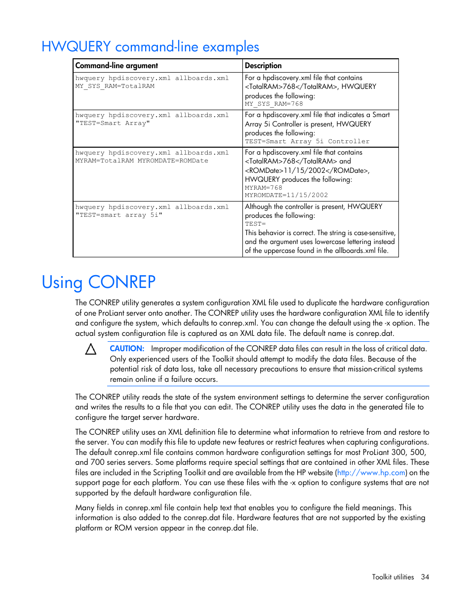 Hwquery command-line examples, Using conrep | HP Linux Server Management Software User Manual | Page 34 / 72