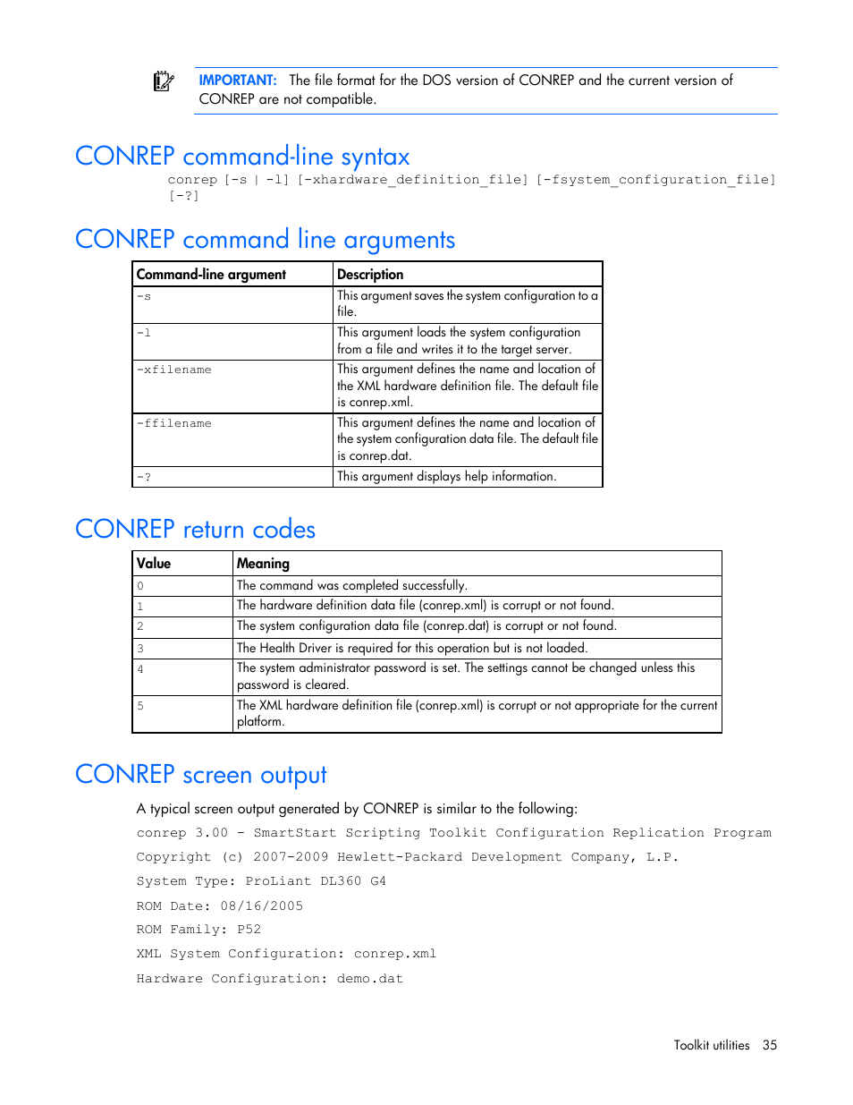 Conrep command-line syntax, Conrep command line arguments, Conrep return codes | Conrep screen output | HP Linux Server Management Software User Manual | Page 35 / 72