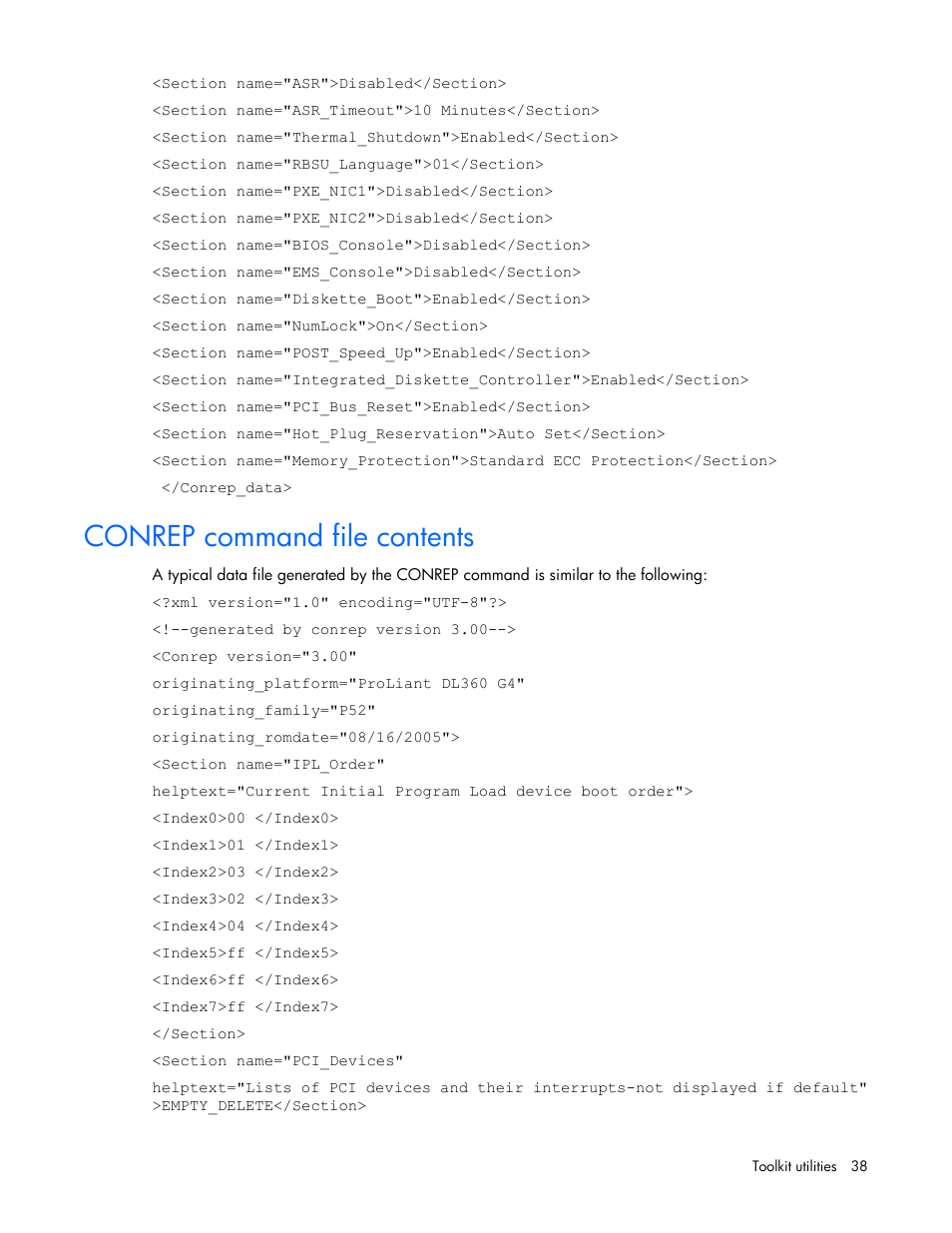 Conrep command file contents | HP Linux Server Management Software User Manual | Page 38 / 72