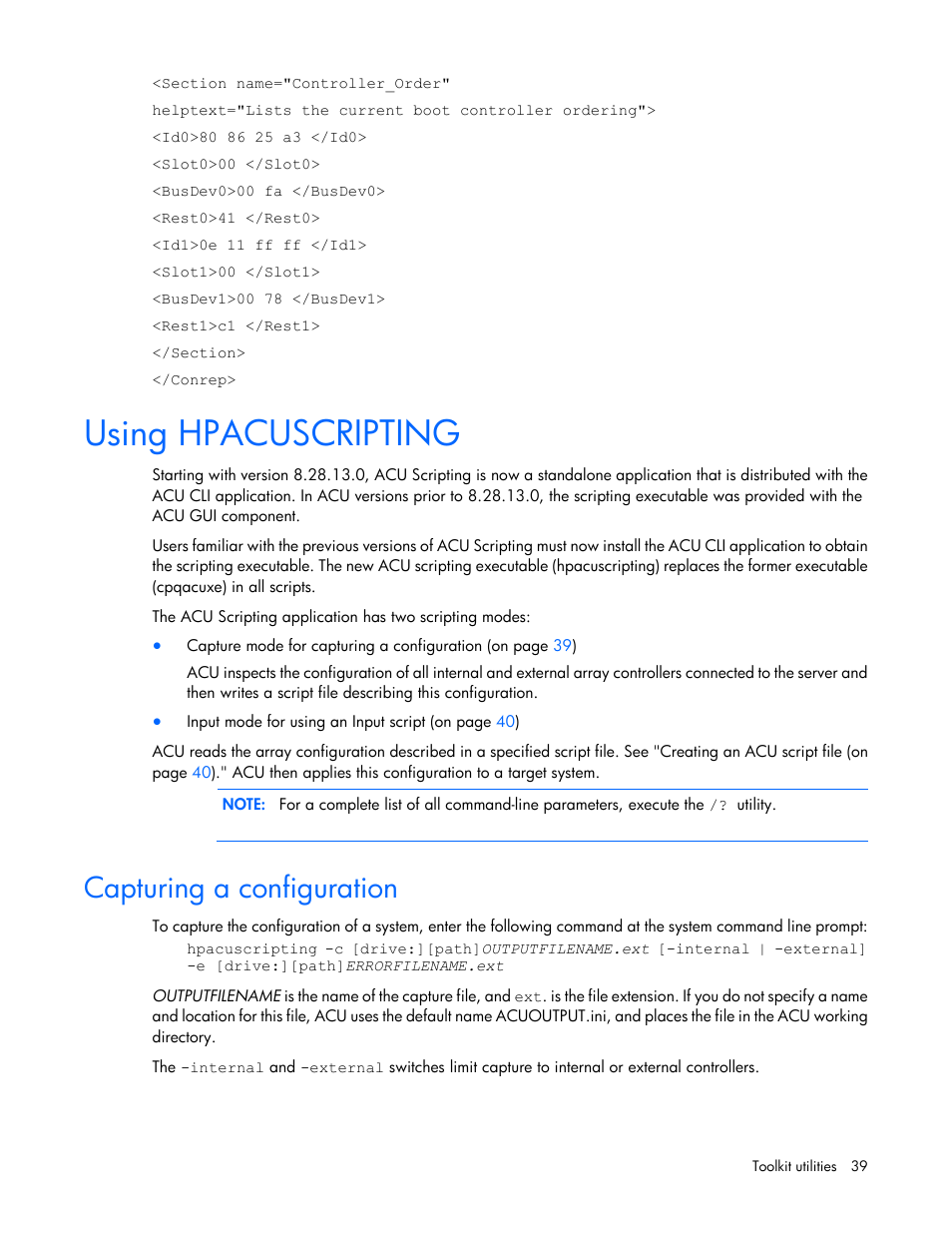 Using hpacuscripting, Capturing a configuration | HP Linux Server Management Software User Manual | Page 39 / 72