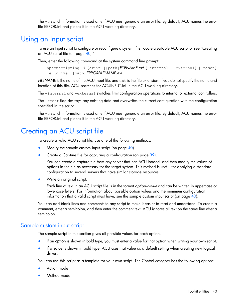 Using an input script, Creating an acu script file, Sample custom input script | HP Linux Server Management Software User Manual | Page 40 / 72