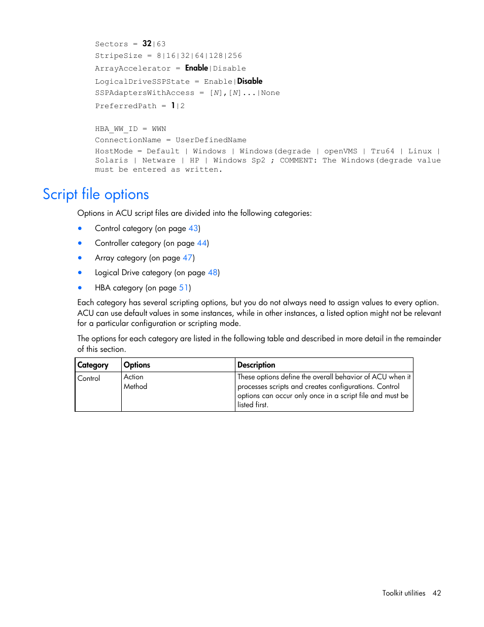 Script file options | HP Linux Server Management Software User Manual | Page 42 / 72