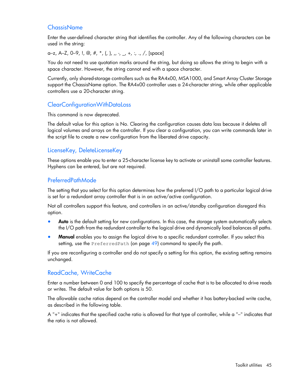 Chassisname, Clearconfigurationwithdataloss, Licensekey, deletelicensekey | Preferredpathmode, Readcache, writecache | HP Linux Server Management Software User Manual | Page 45 / 72