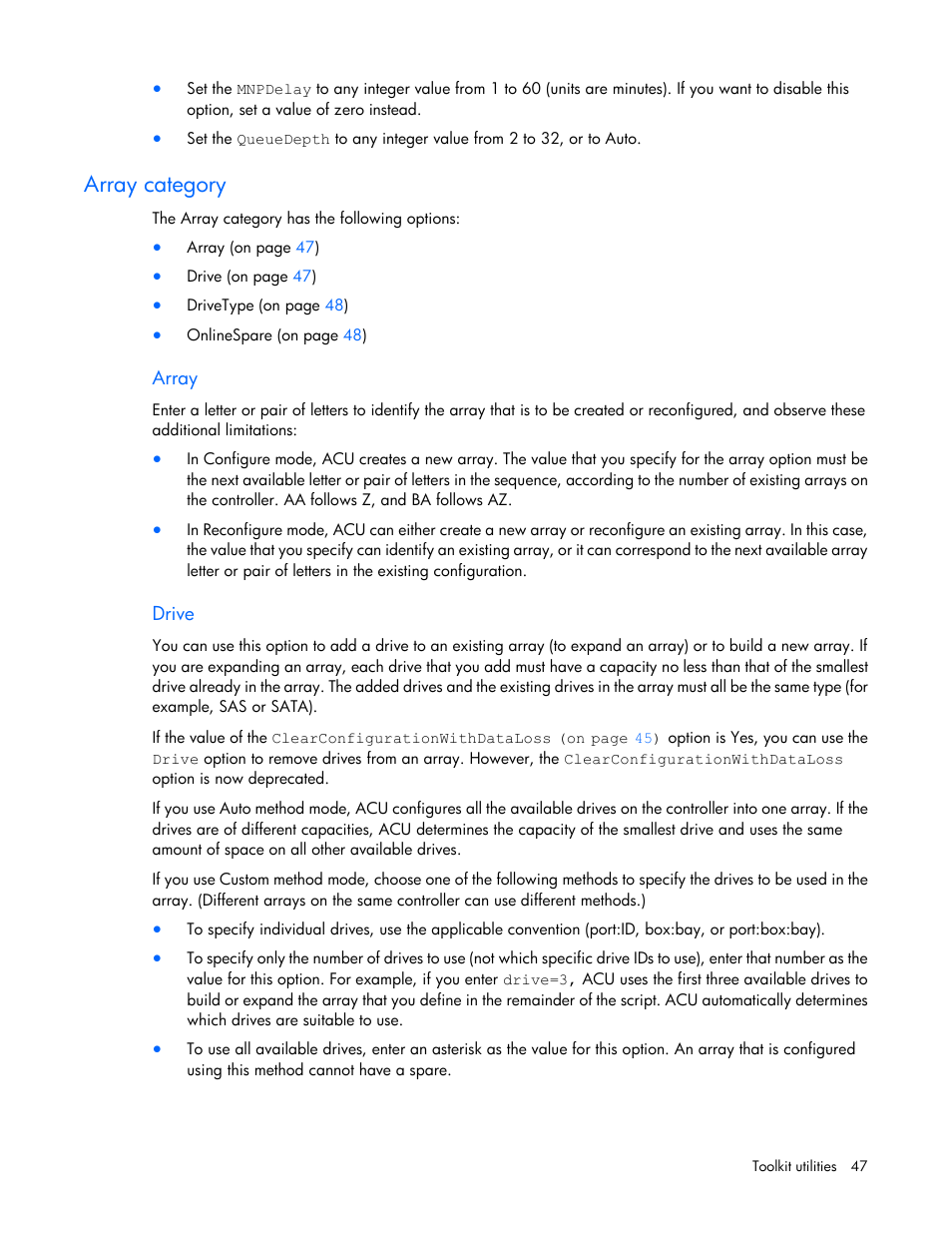 Array category, Array, Drive | HP Linux Server Management Software User Manual | Page 47 / 72