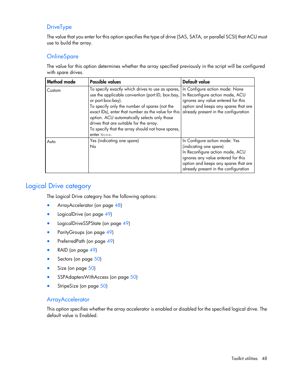 Drivetype, Onlinespare, Logical drive category | Arrayaccelerator | HP Linux Server Management Software User Manual | Page 48 / 72