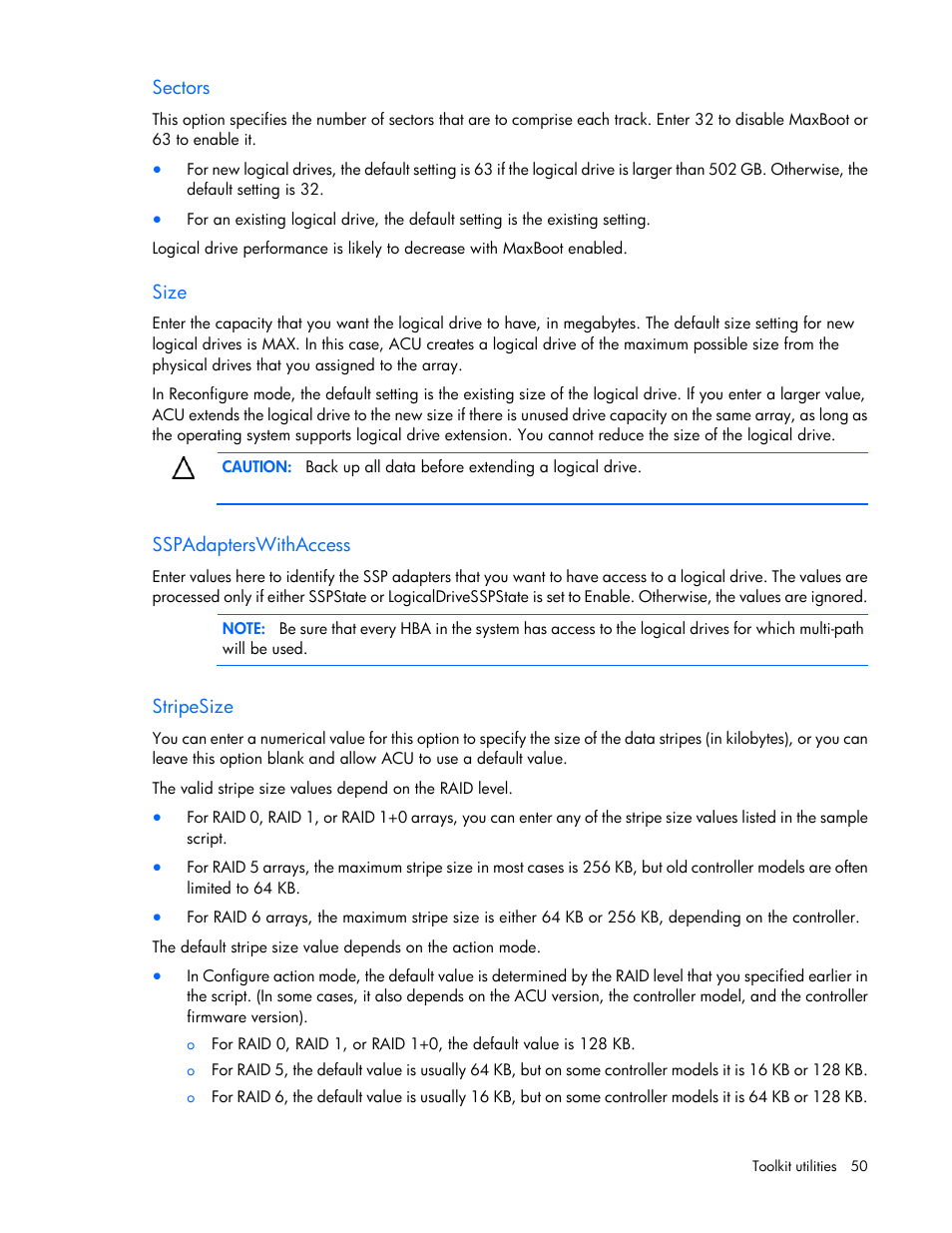 Sectors, Size, Sspadapterswithaccess | Stripesize | HP Linux Server Management Software User Manual | Page 50 / 72