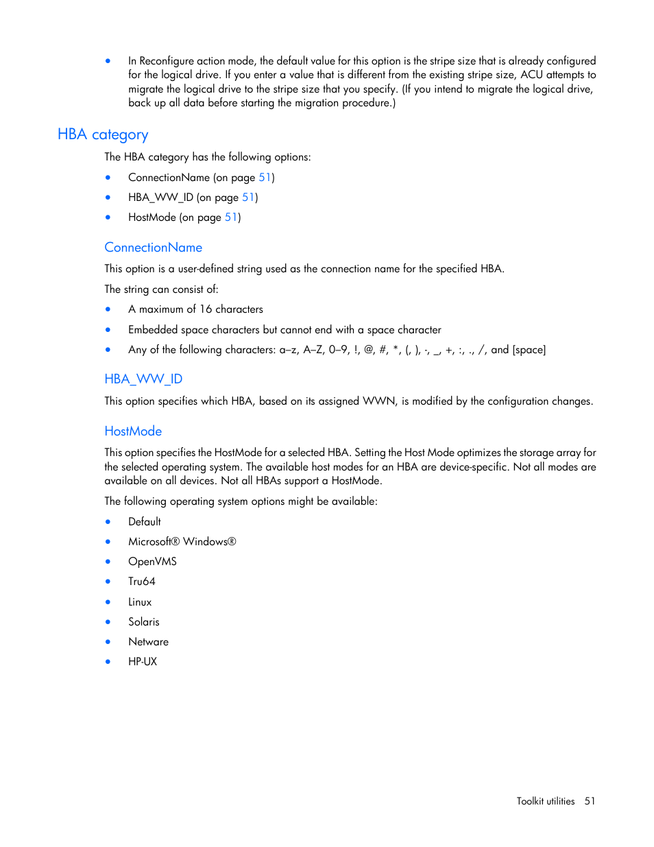 Hba category, Connectionname, Hba_ww_id | Hostmode | HP Linux Server Management Software User Manual | Page 51 / 72