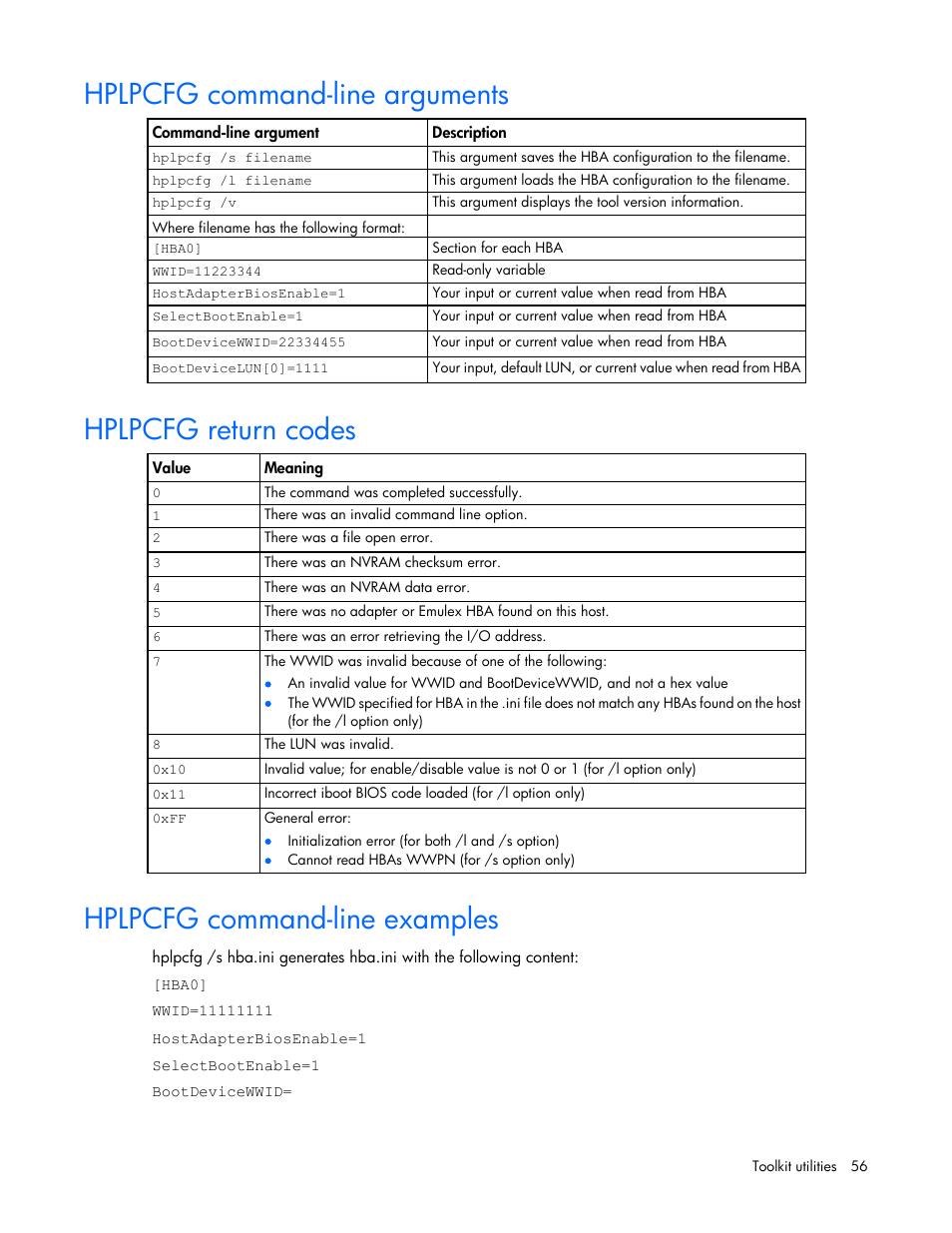 Hplpcfg command-line arguments, Hplpcfg return codes, Hplpcfg command-line examples | HP Linux Server Management Software User Manual | Page 56 / 72