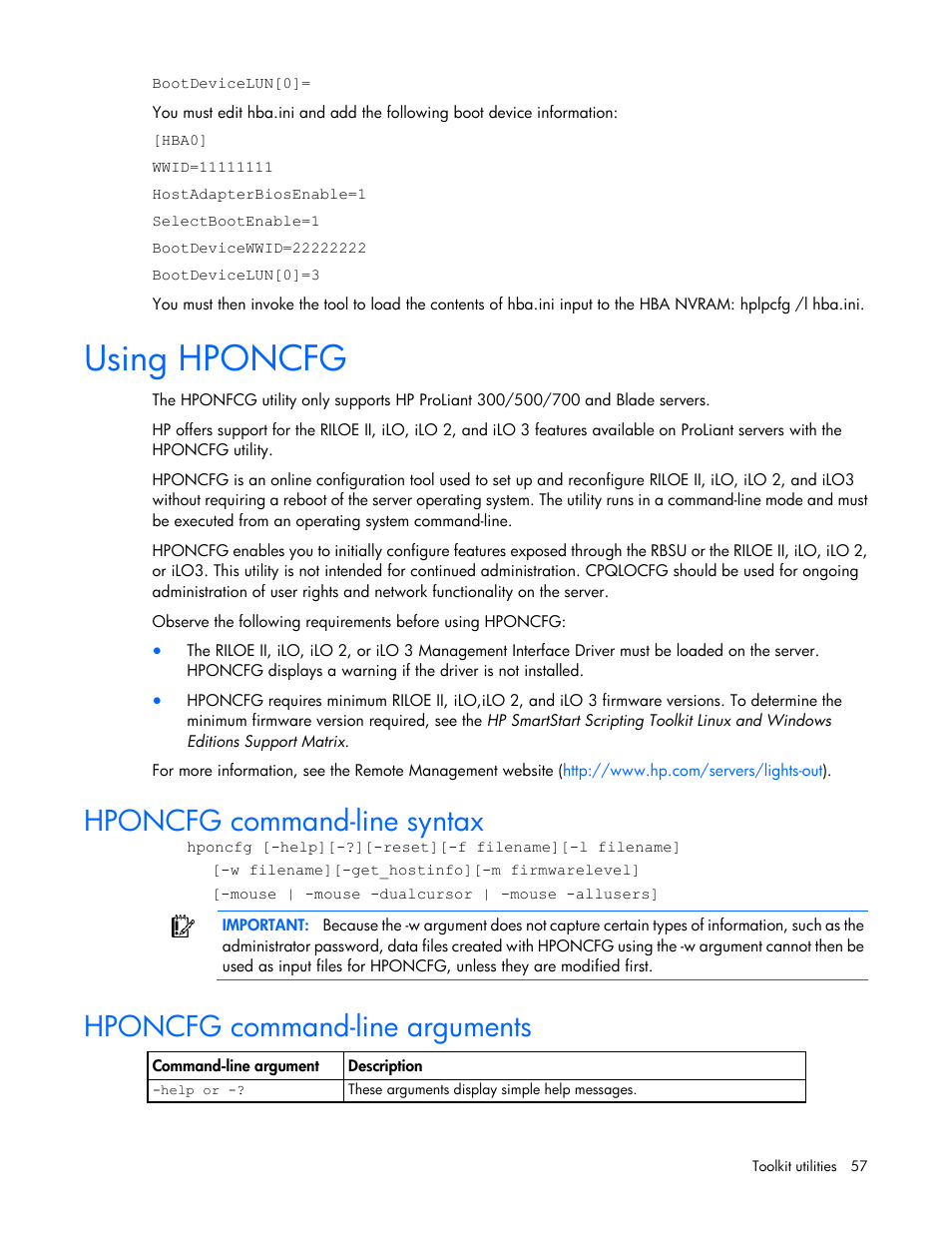 Using hponcfg, Hponcfg command-line syntax, Hponcfg command-line arguments | HP Linux Server Management Software User Manual | Page 57 / 72