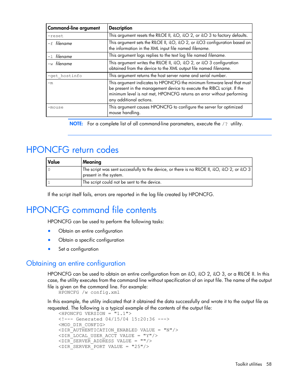 Hponcfg return codes, Hponcfg command file contents, Obtaining an entire configuration | HP Linux Server Management Software User Manual | Page 58 / 72