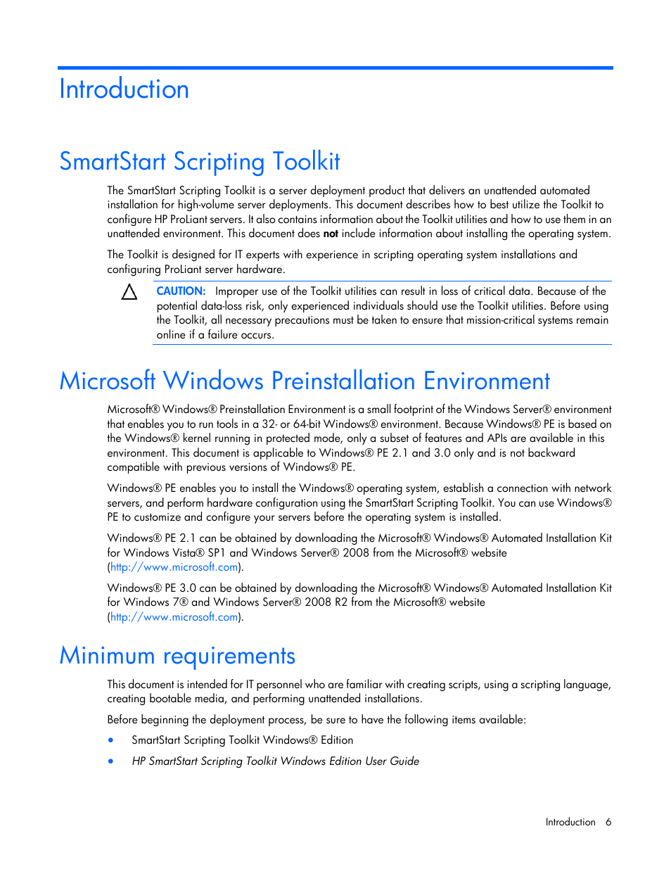 Introduction, Smartstart scripting toolkit, Microsoft windows preinstallation environment | Minimum requirements | HP Linux Server Management Software User Manual | Page 6 / 72