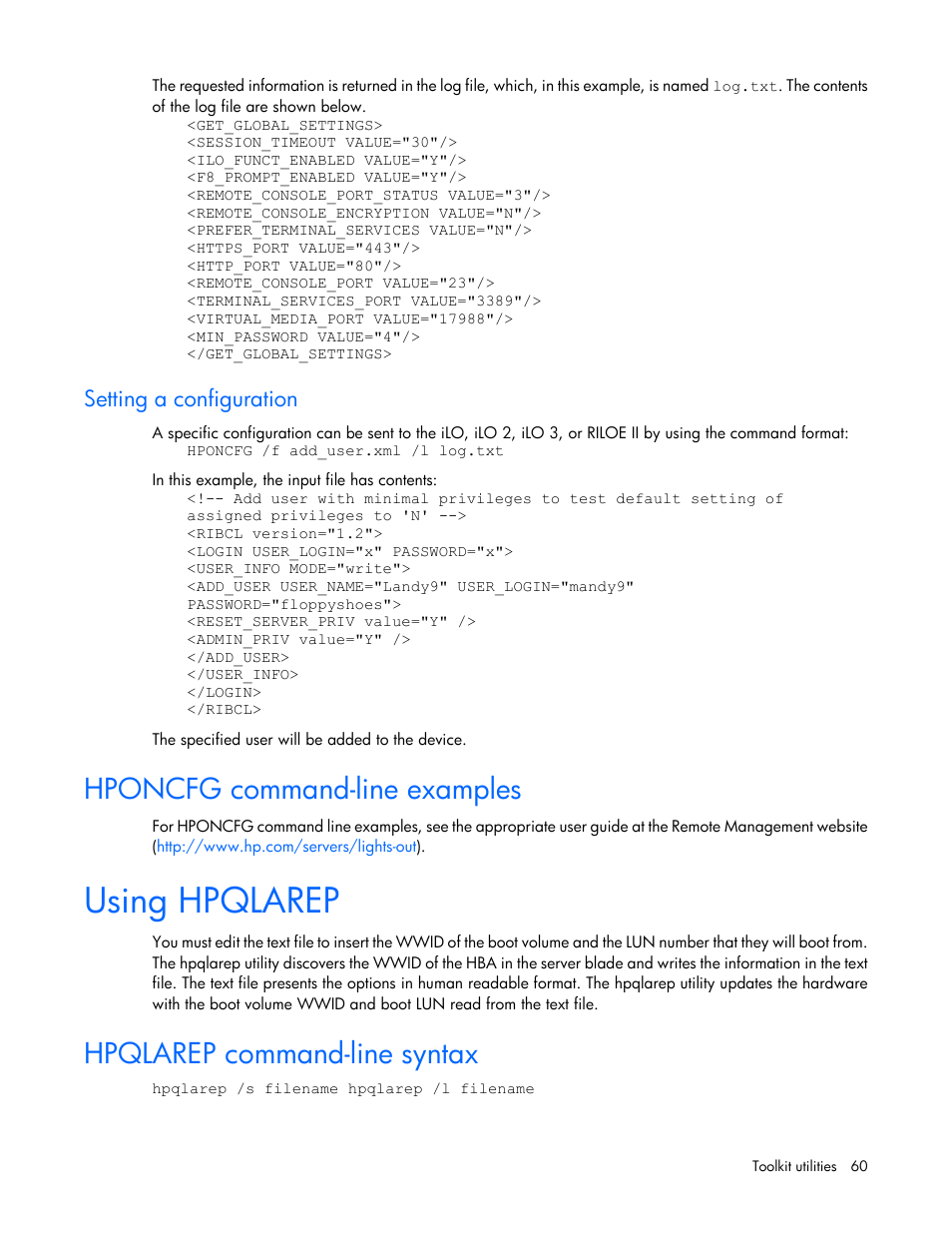 Setting a configuration, Hponcfg command-line examples, Using hpqlarep | Hpqlarep command-line syntax | HP Linux Server Management Software User Manual | Page 60 / 72