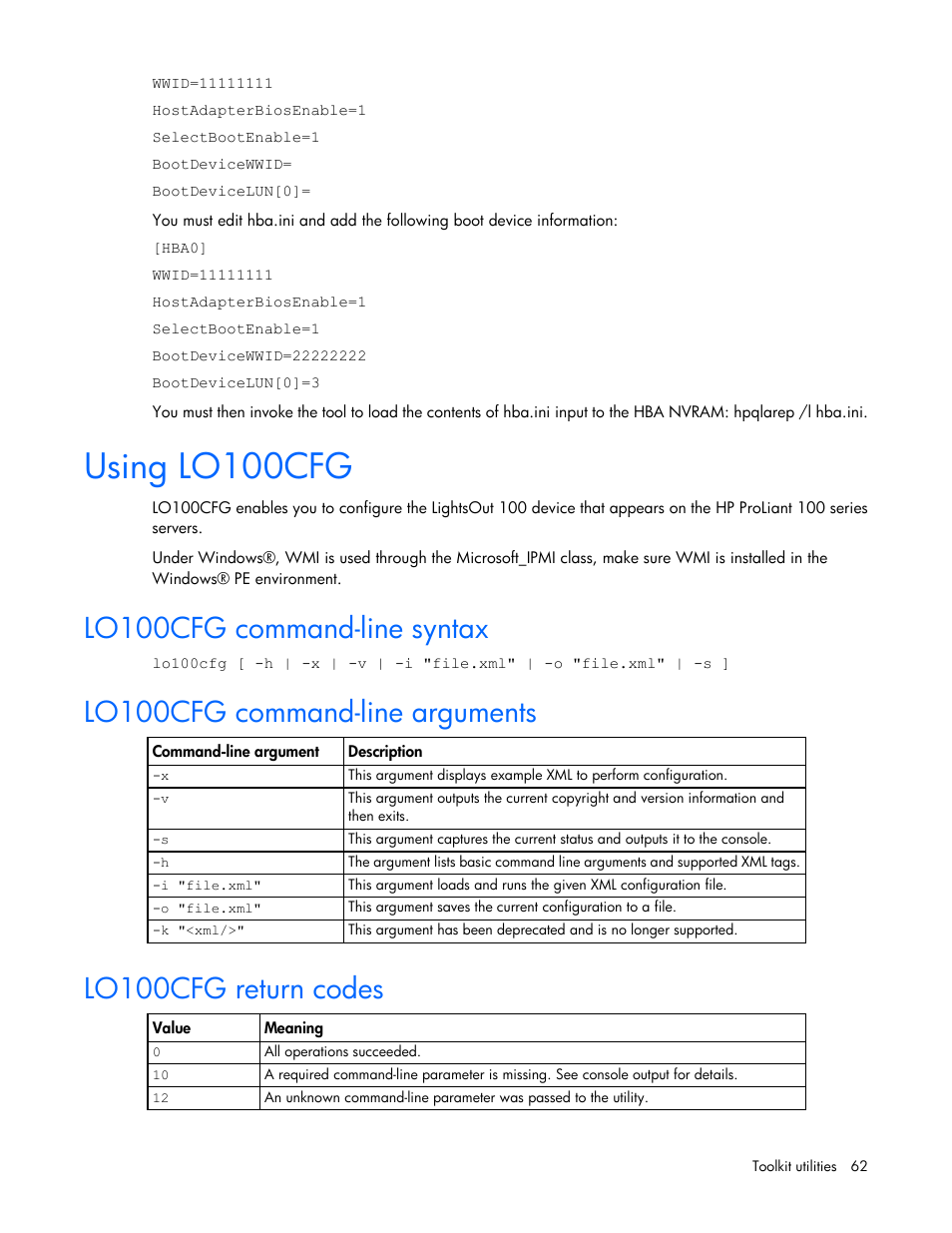 Using lo100cfg, Lo100cfg command-line syntax, Lo100cfg command-line arguments | Lo100cfg return codes | HP Linux Server Management Software User Manual | Page 62 / 72