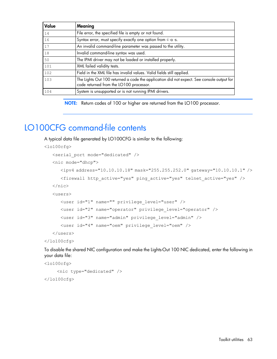 Lo100cfg command-file contents | HP Linux Server Management Software User Manual | Page 63 / 72