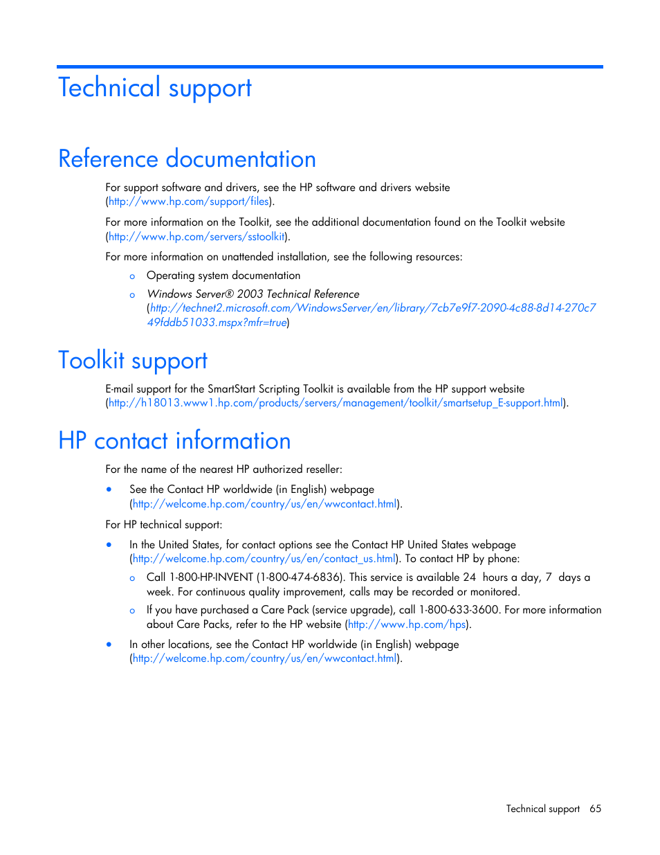 Technical support, Reference documentation, Toolkit support | Hp contact information | HP Linux Server Management Software User Manual | Page 65 / 72