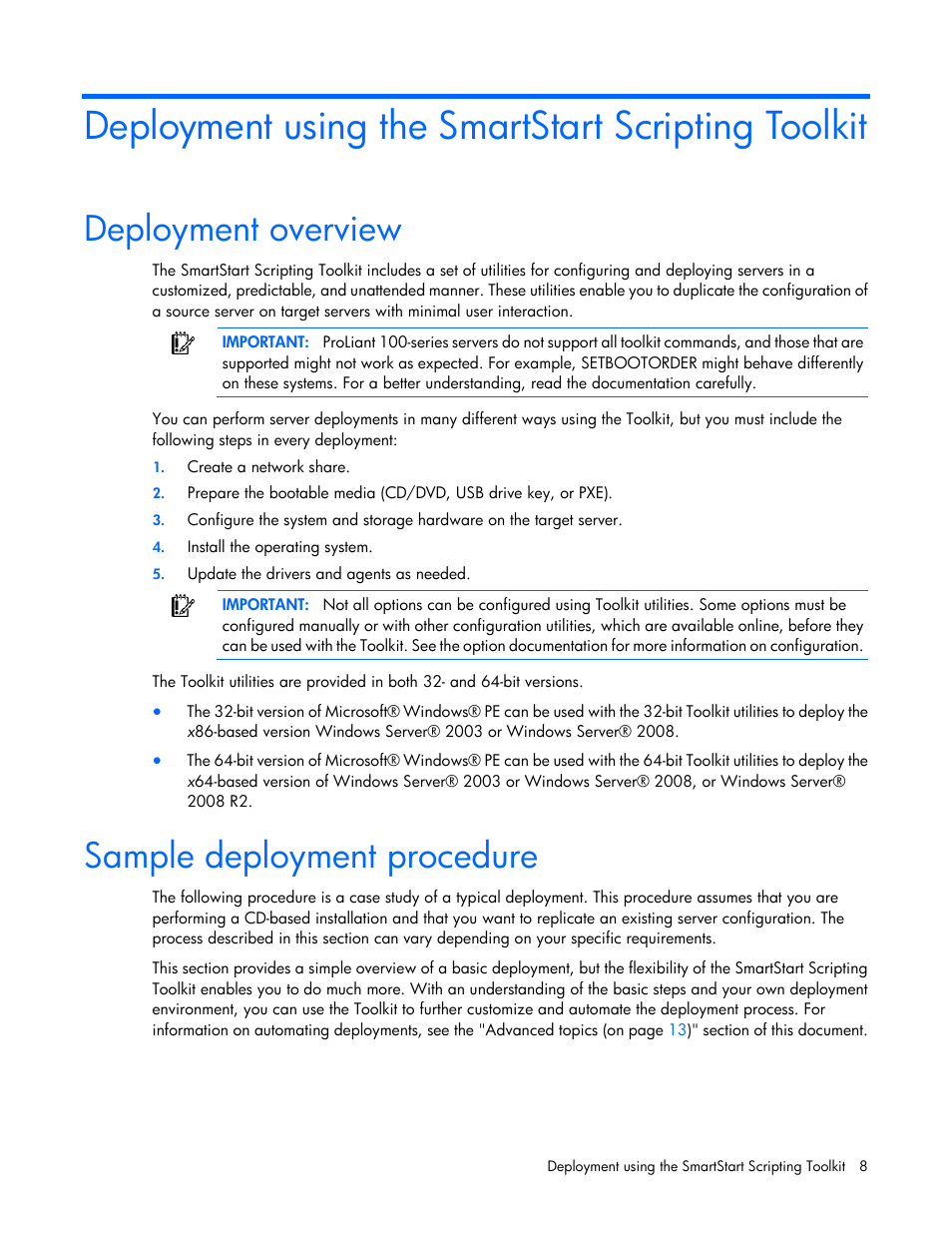 Deployment using the smartstart scripting toolkit, Deployment overview, Sample deployment procedure | HP Linux Server Management Software User Manual | Page 8 / 72