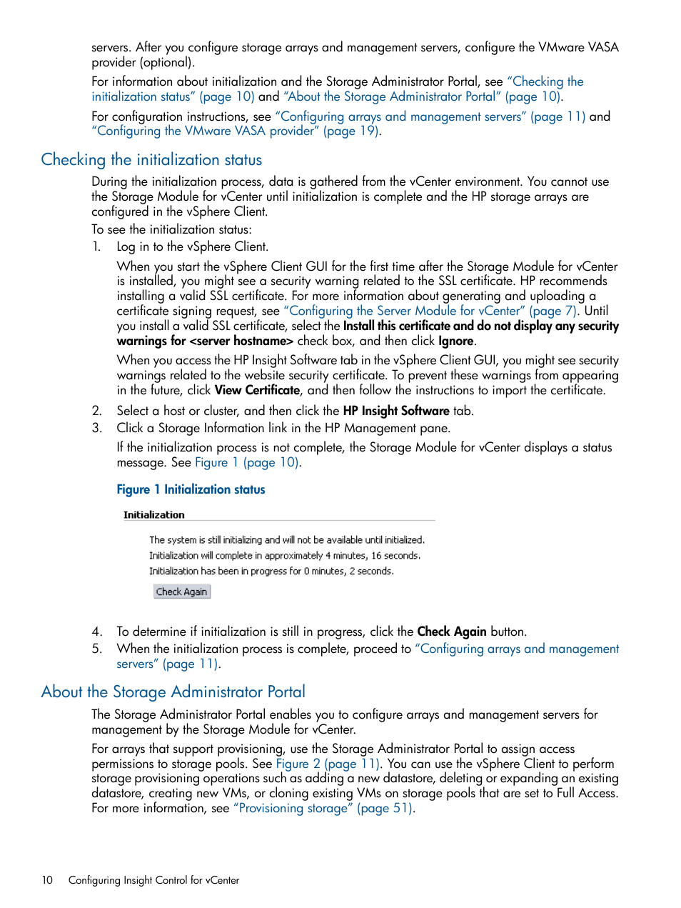 Checking the initialization status, About the storage administrator portal | HP OneView for VMware vCenter User Manual | Page 10 / 92