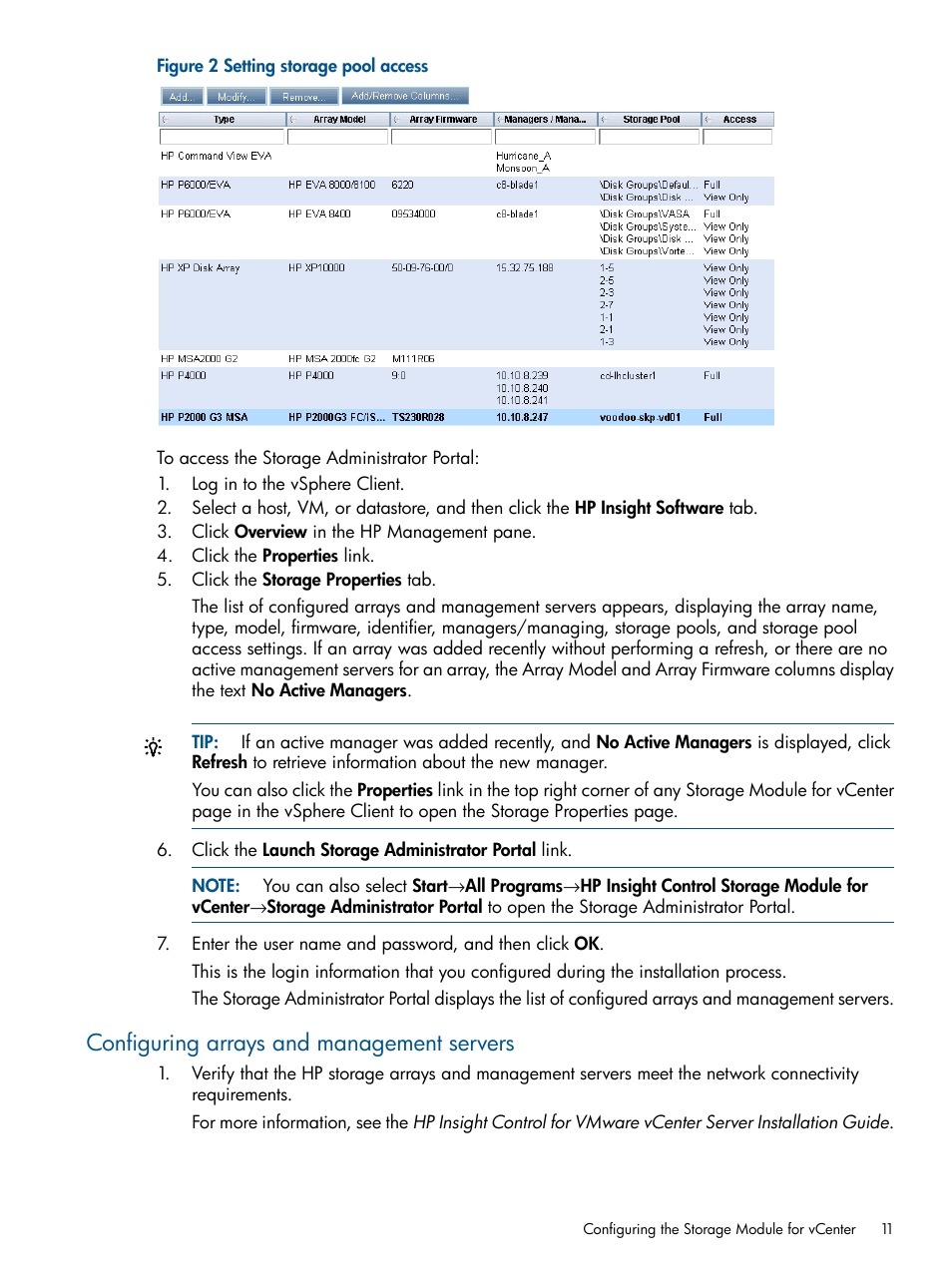 Configuring arrays and management servers, Configuring arrays and management | HP OneView for VMware vCenter User Manual | Page 11 / 92