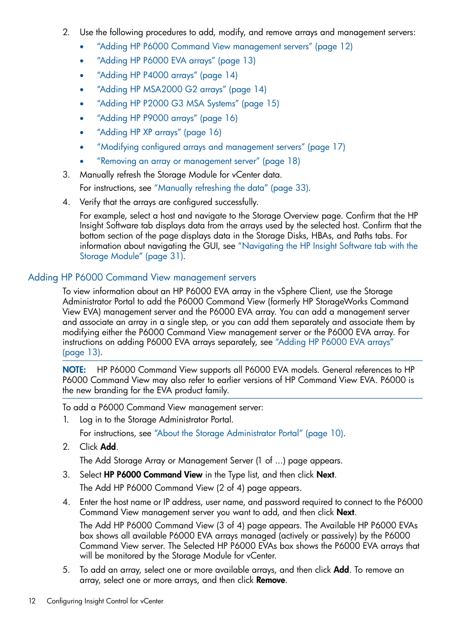 Adding hp p6000 command view management servers | HP OneView for VMware vCenter User Manual | Page 12 / 92