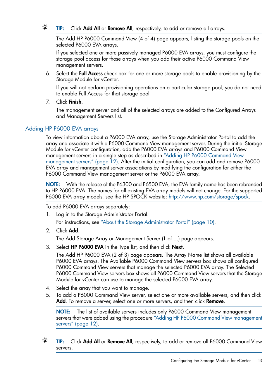 Adding hp p6000 eva arrays | HP OneView for VMware vCenter User Manual | Page 13 / 92