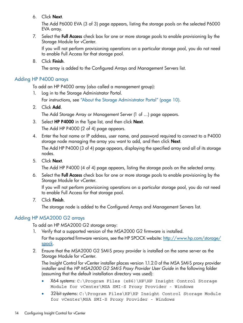 Adding hp p4000 arrays, Adding hp msa2000 g2 arrays, Adding hp p4000 arrays adding hp msa2000 g2 arrays | HP OneView for VMware vCenter User Manual | Page 14 / 92