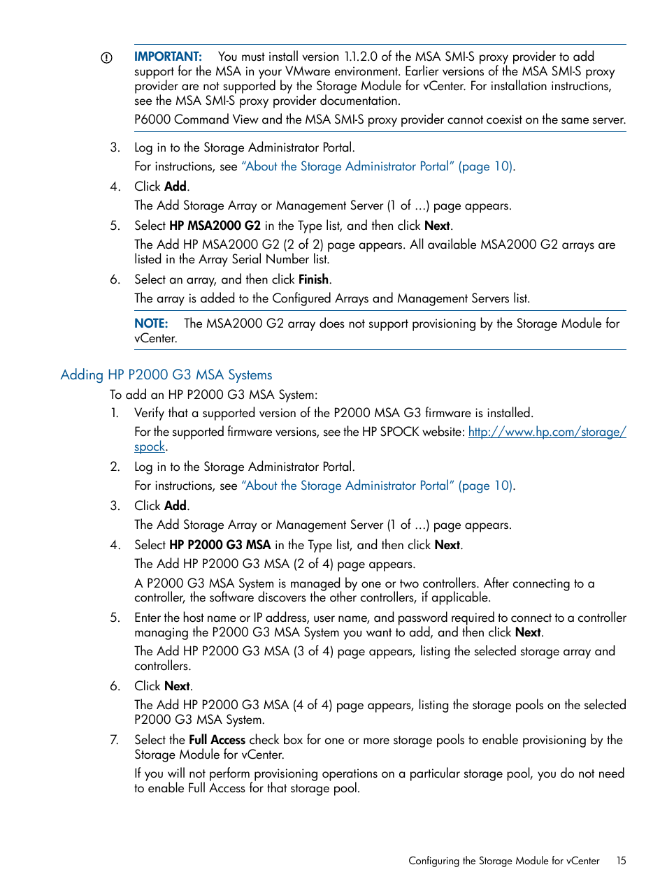 Adding hp p2000 g3 msa systems | HP OneView for VMware vCenter User Manual | Page 15 / 92