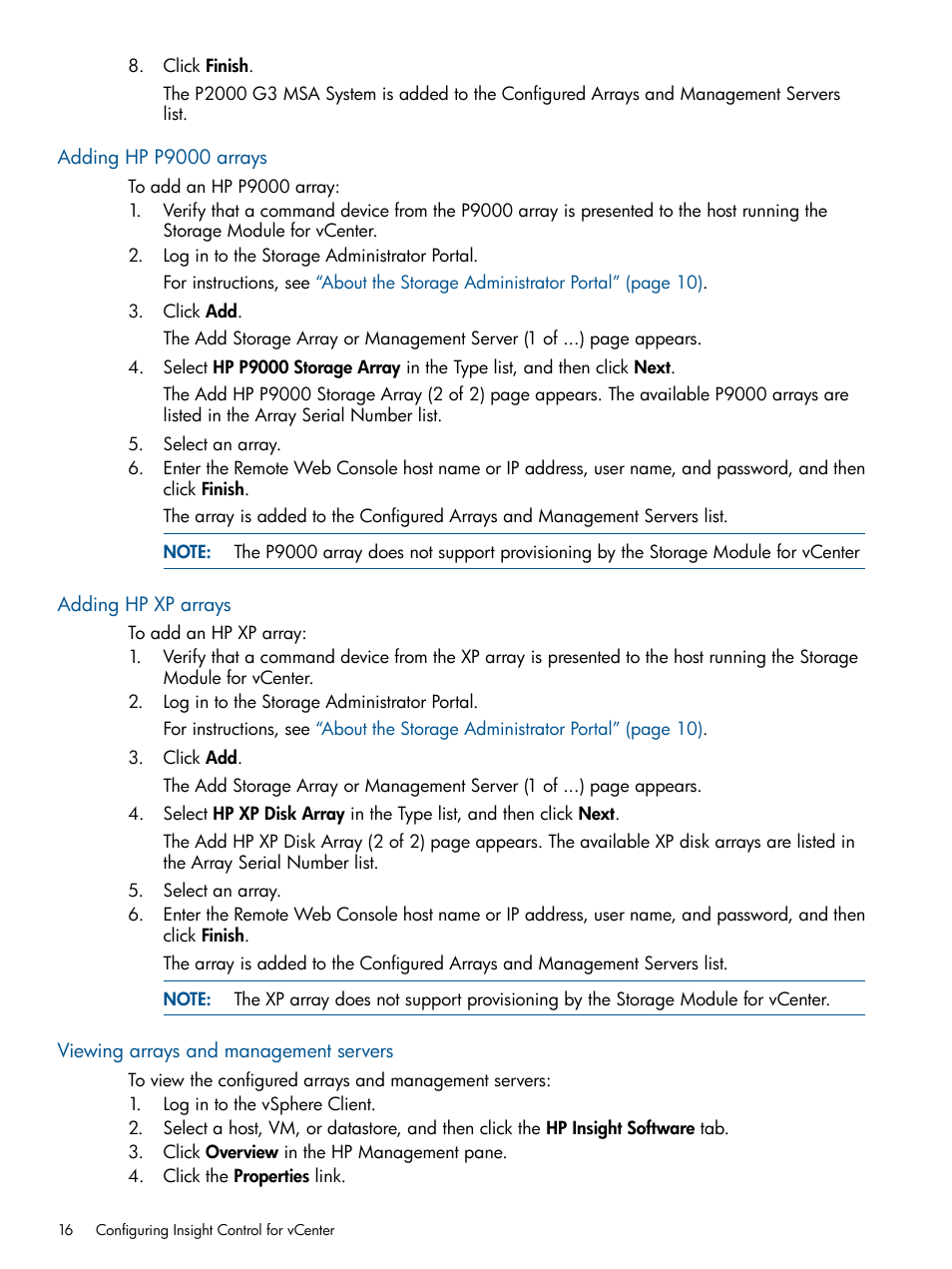 Adding hp p9000 arrays, Adding hp xp arrays, Viewing arrays and management servers | HP OneView for VMware vCenter User Manual | Page 16 / 92