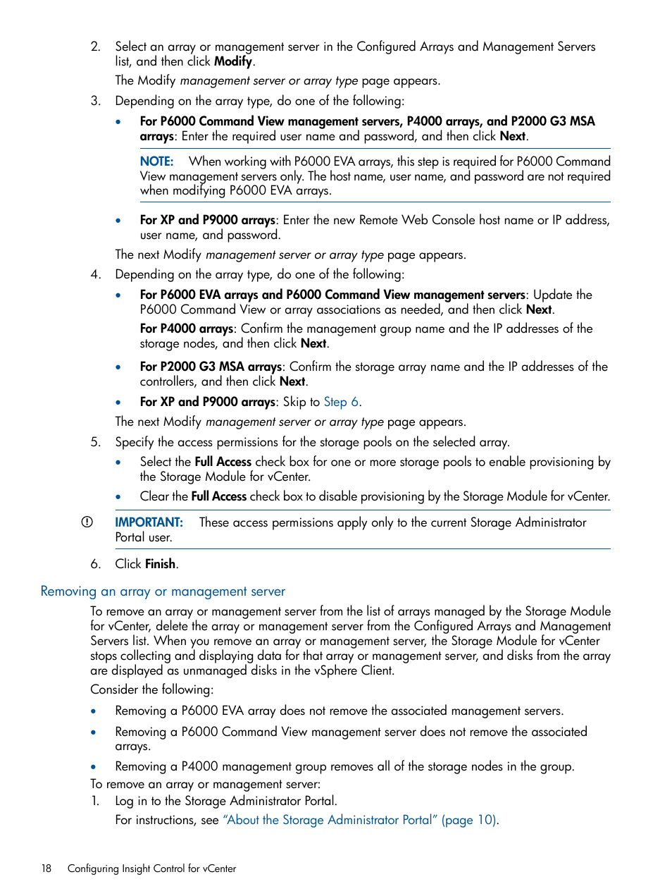 Removing an array or management server | HP OneView for VMware vCenter User Manual | Page 18 / 92