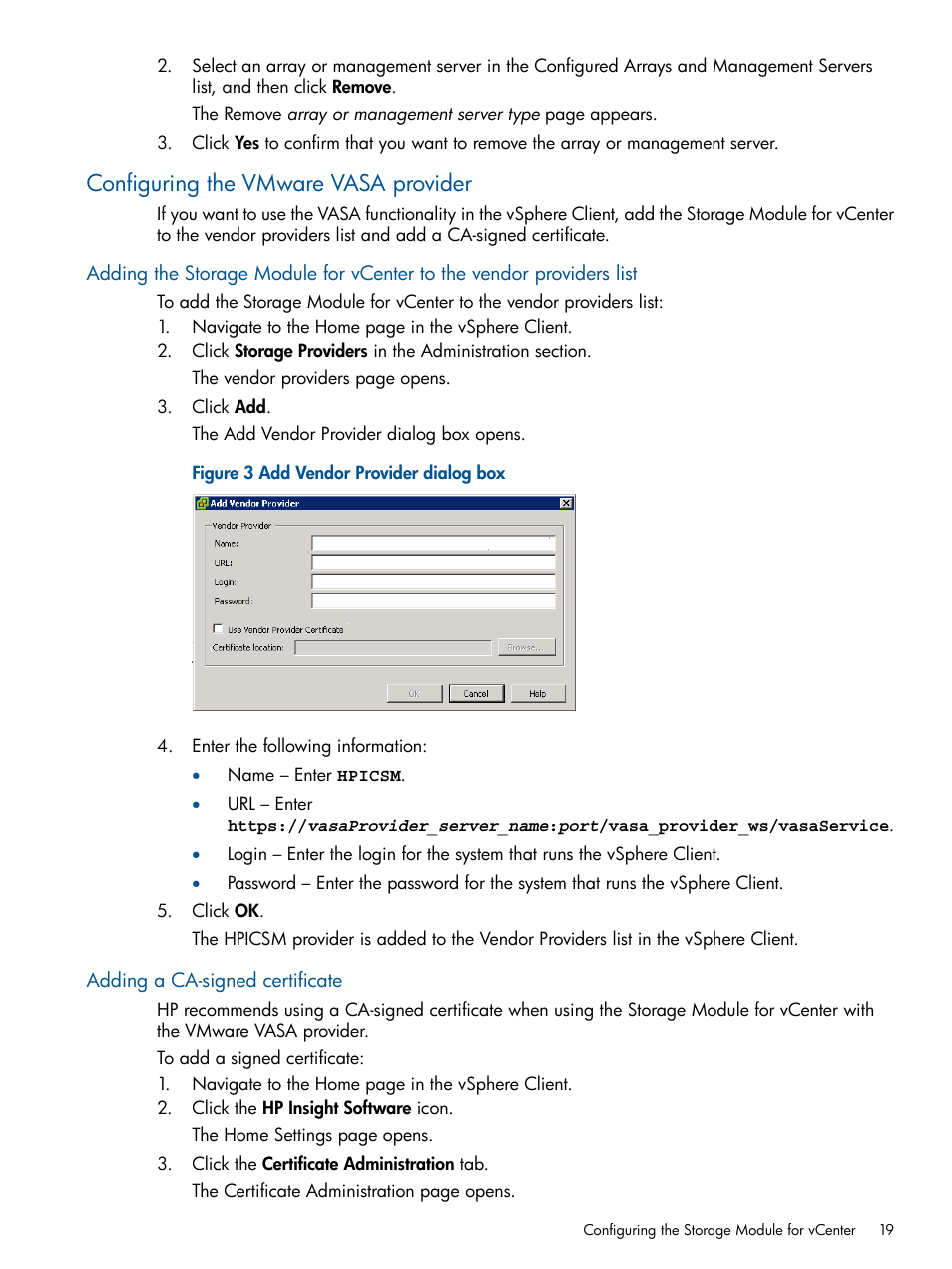 Configuring the vmware vasa provider, Adding a ca-signed certificate | HP OneView for VMware vCenter User Manual | Page 19 / 92