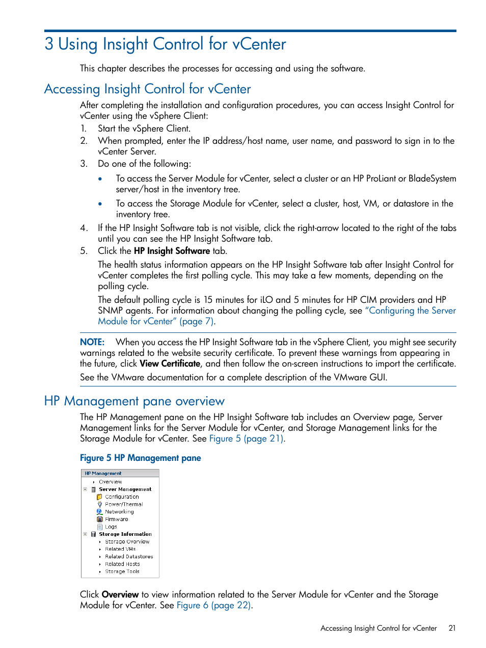 3 using insight control for vcenter, Accessing insight control for vcenter, Hp management pane overview | HP OneView for VMware vCenter User Manual | Page 21 / 92