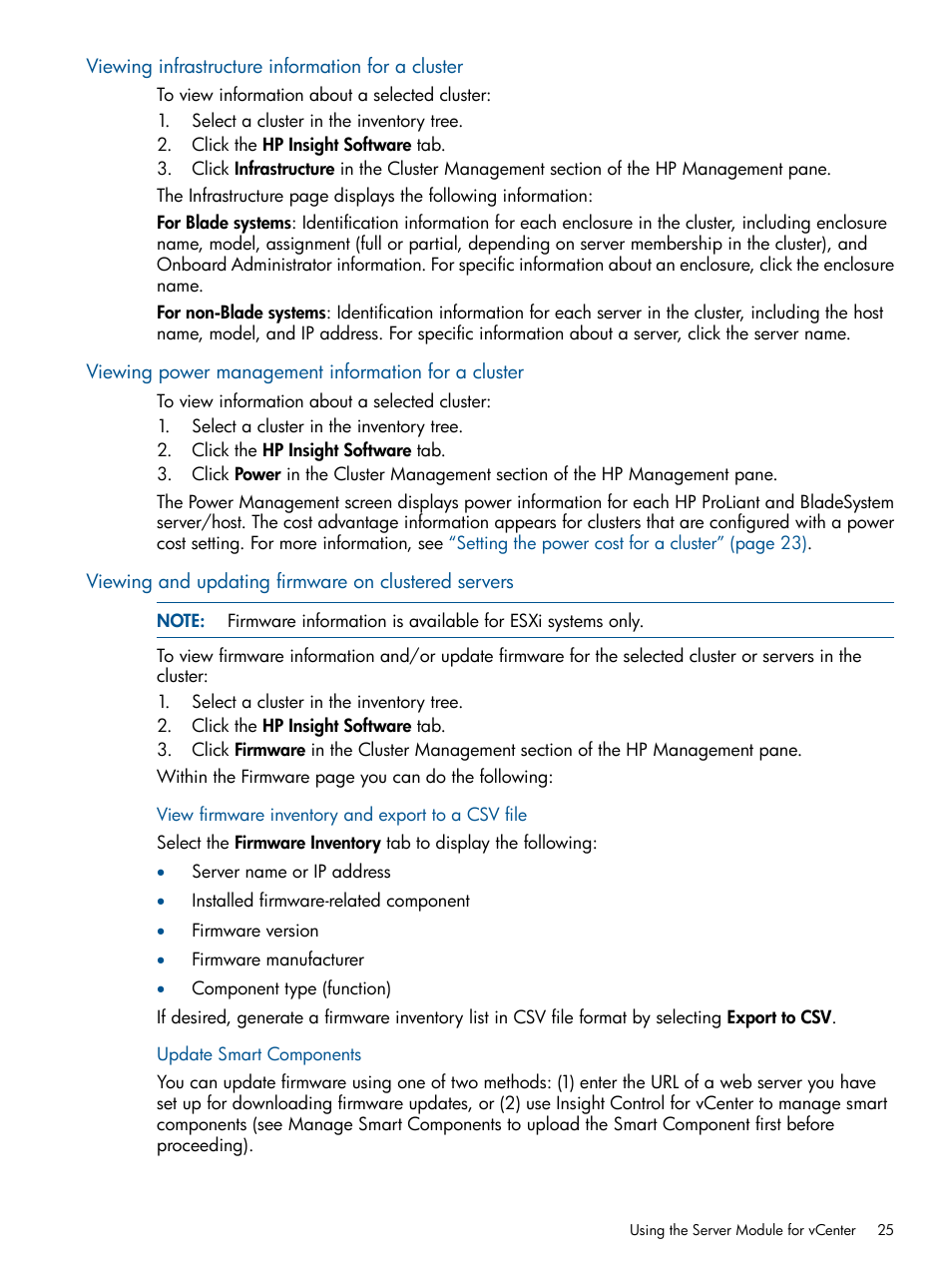 Viewing infrastructure information for a cluster, Viewing power management information for a cluster, Viewing and updating firmware on clustered servers | HP OneView for VMware vCenter User Manual | Page 25 / 92